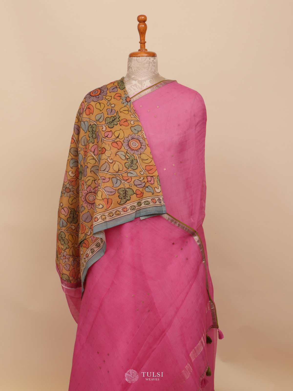 Pink Organza Saree with Kalamkari Blouse