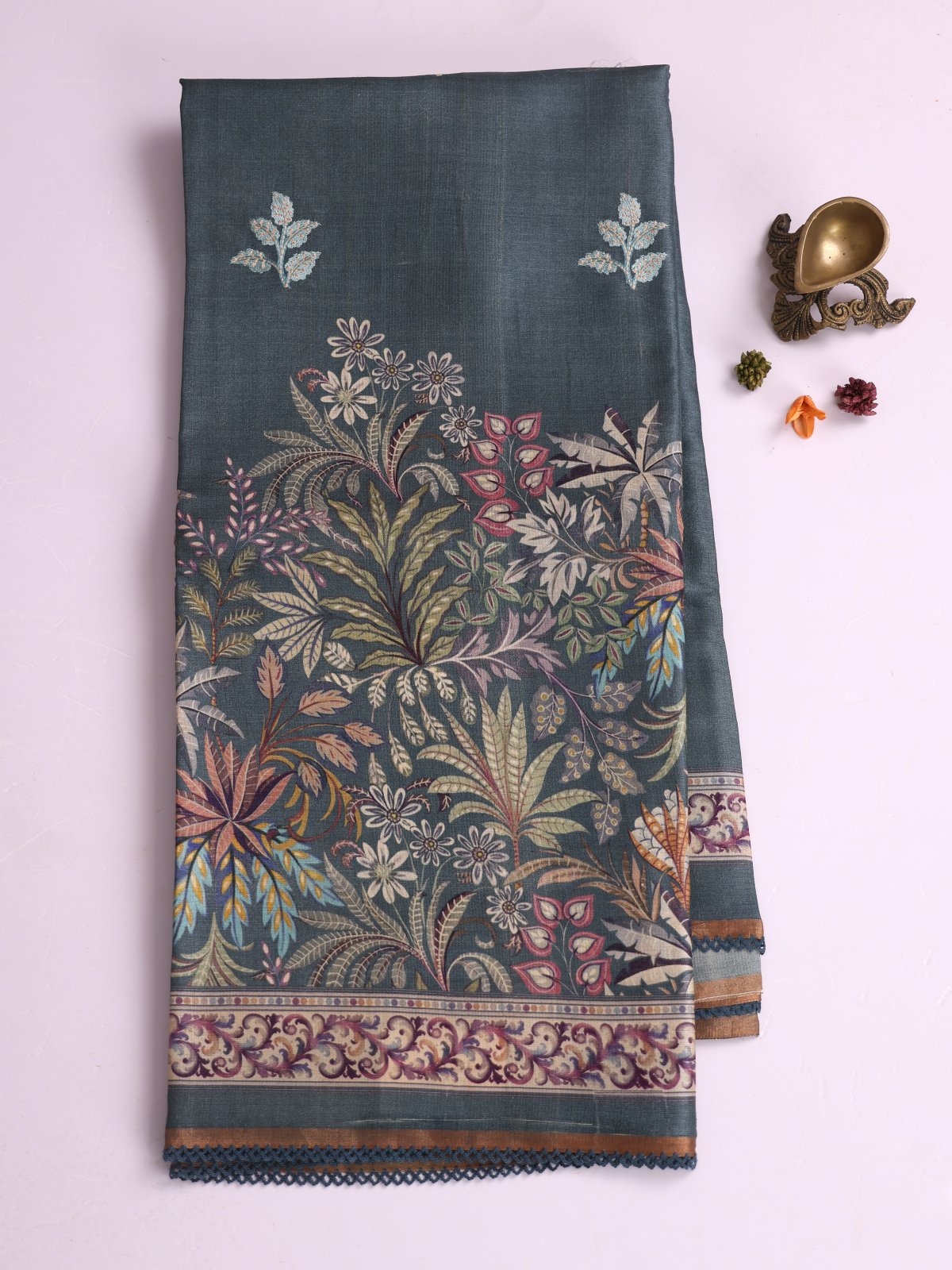 Light Greyish Blue Printed Tussar Silk Saree