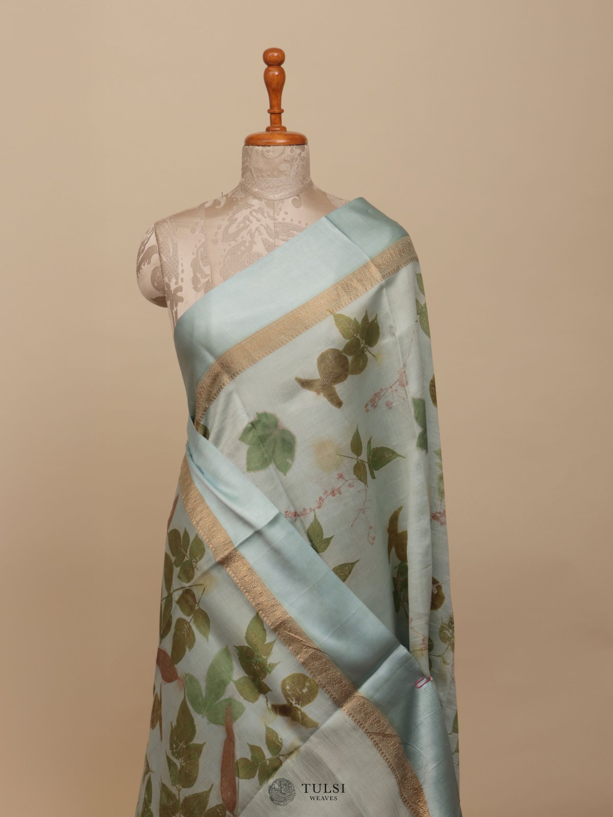 Pastel Blue Eco Print Silk Saree With Satin Border 