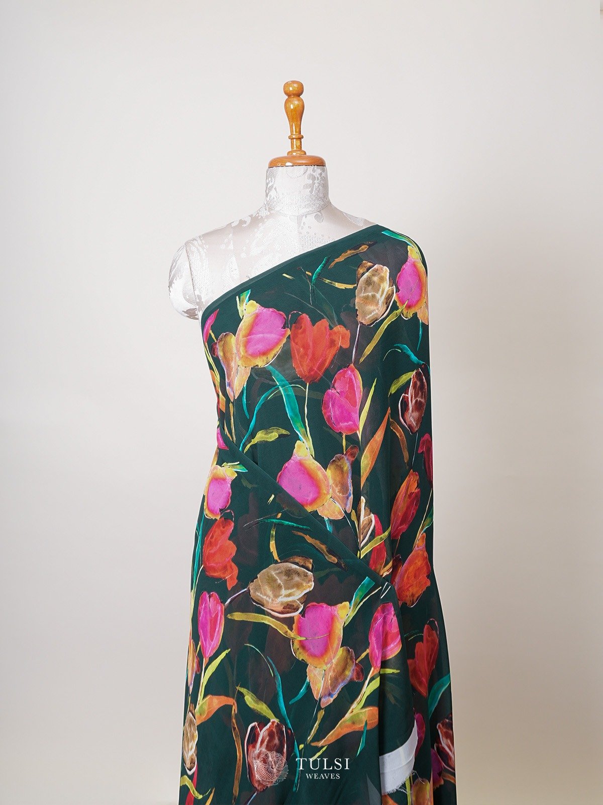 Dark Green Floral Printed Georgette Silk Saree