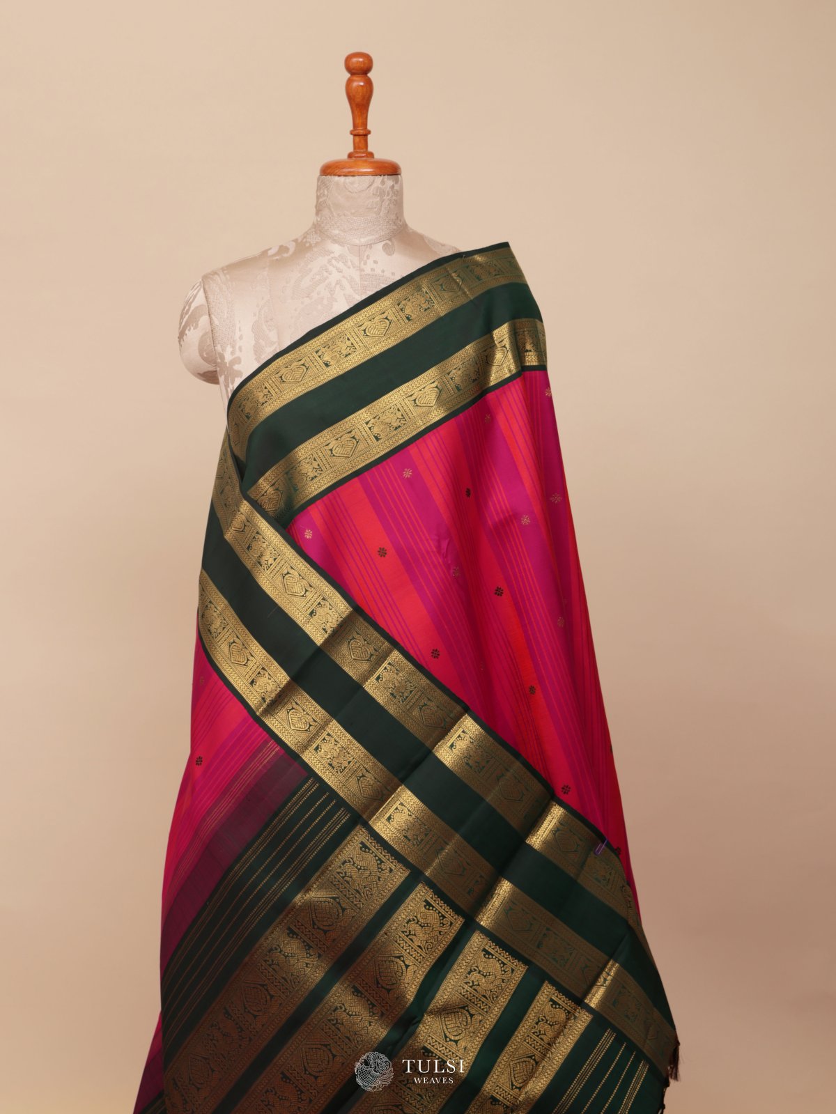 Rani Pink Kanjeevaram Silk Saree With Green Border