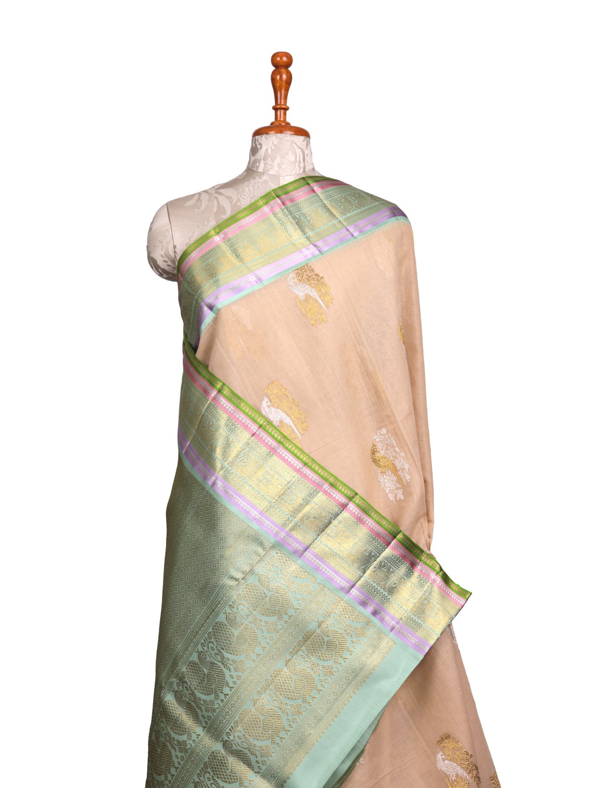 Beige Khadi Cotton Saree With Light Bluish Green Kanjeevaram Silk Border