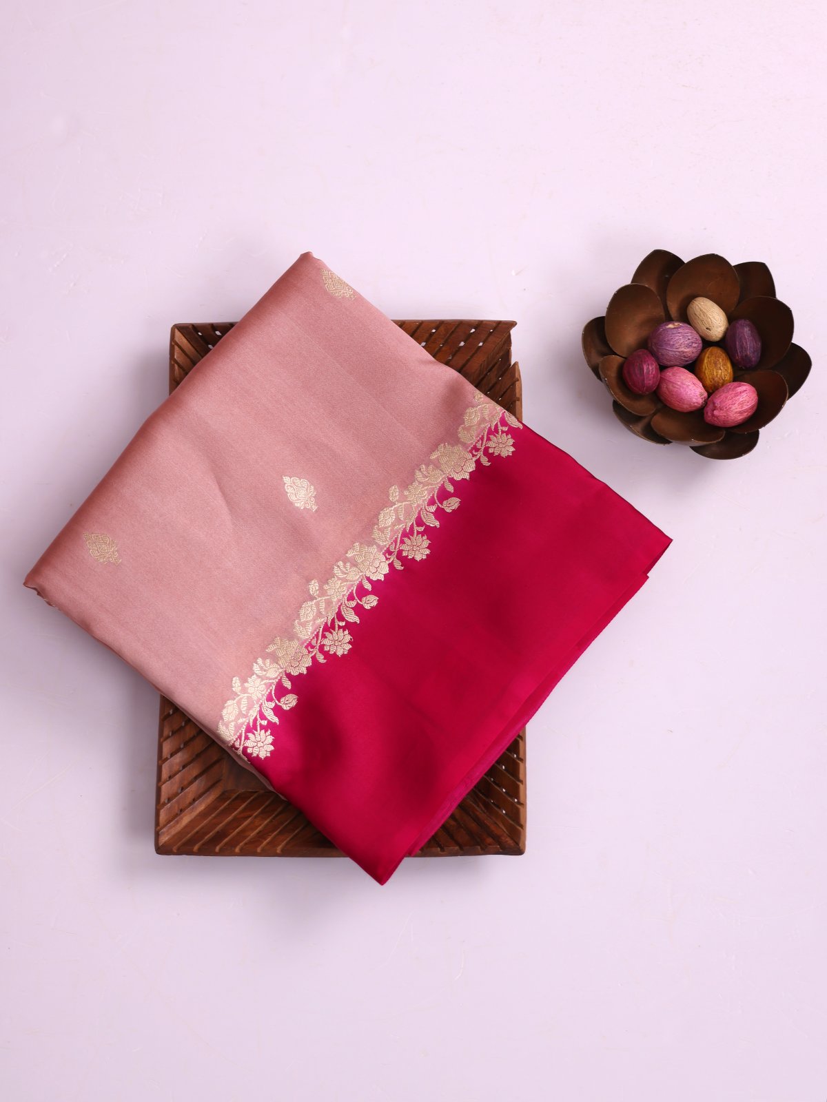 Peachy Pink Tussar Organza Saree With Dark Pink Satin Border