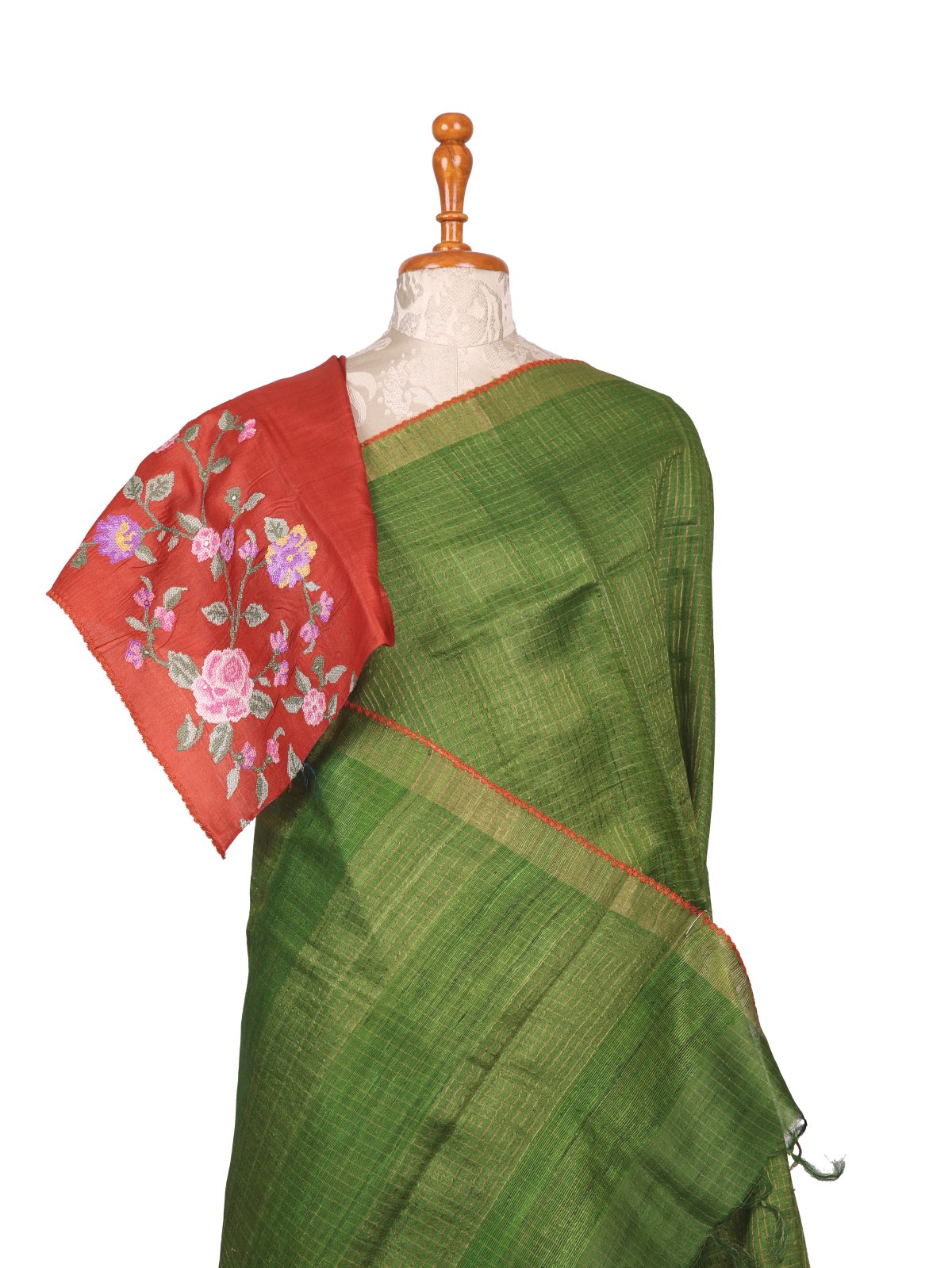 Green Zari Checked Tussar Embroidered Silk Saree With Embroidered Blouse