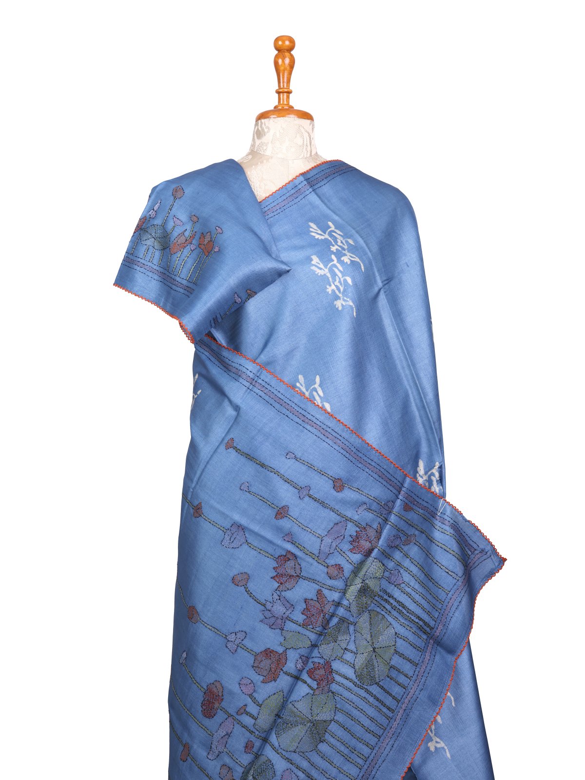 Powder Blue Printed Tussar Silk Saree With Kantha Embroidery