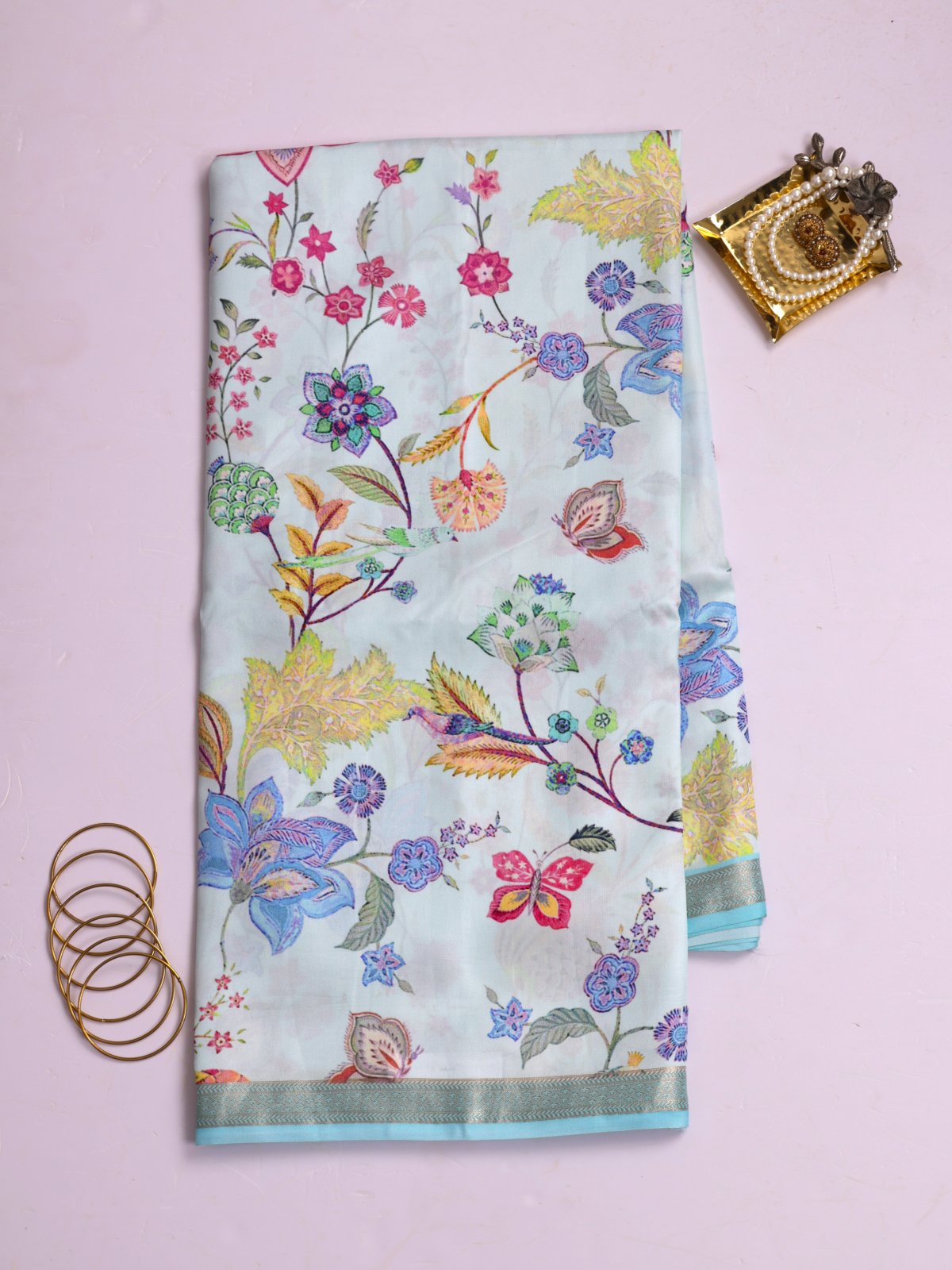 Light Blue Printed Banaras Silk Saree With Zari Border