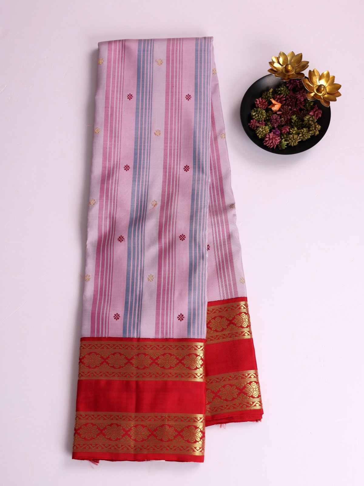 Multicolor Striped Kanjeevaram Silk Saree With Red Border