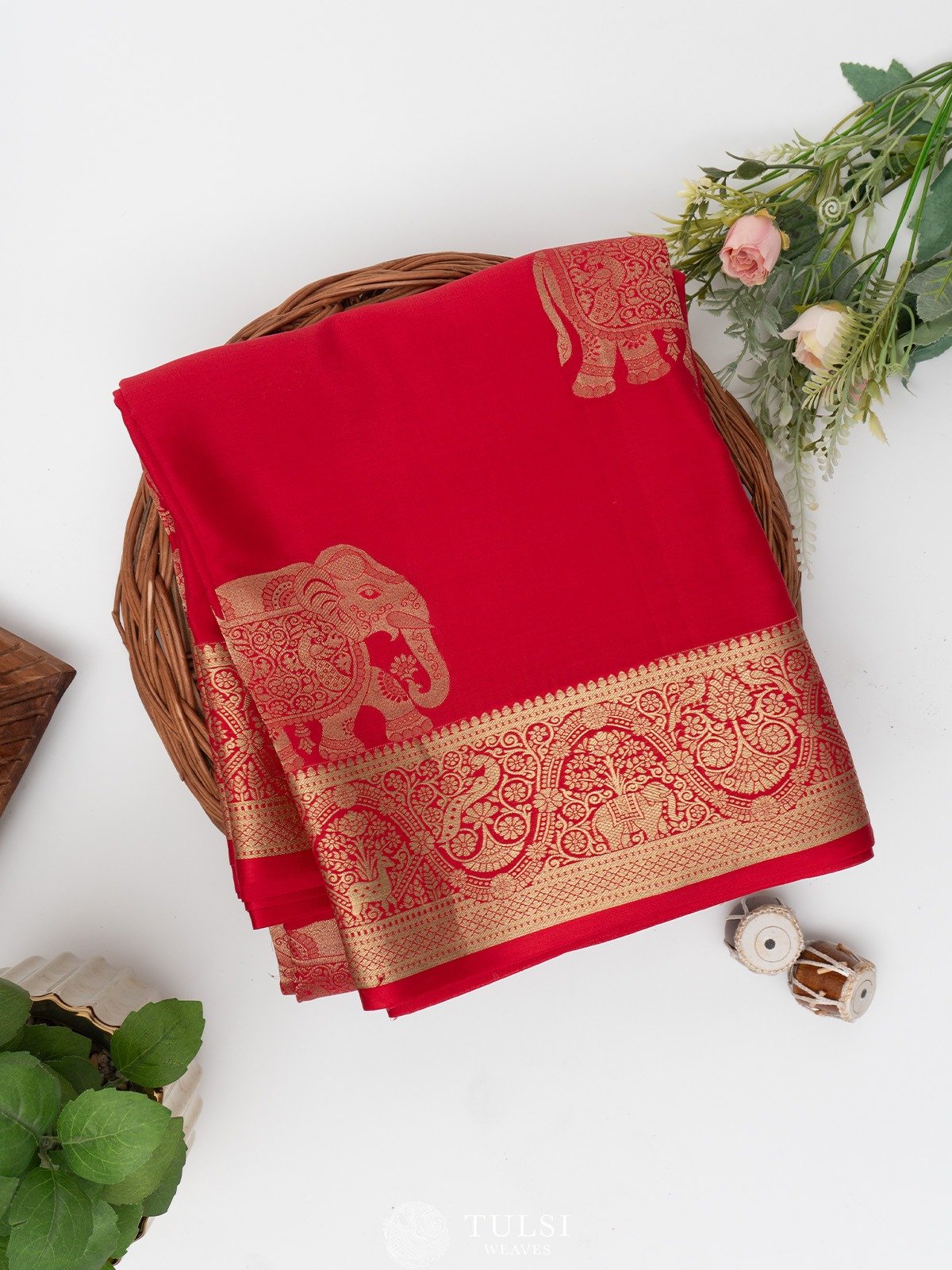 Red Mysore Silk Saree with Self Zari Border