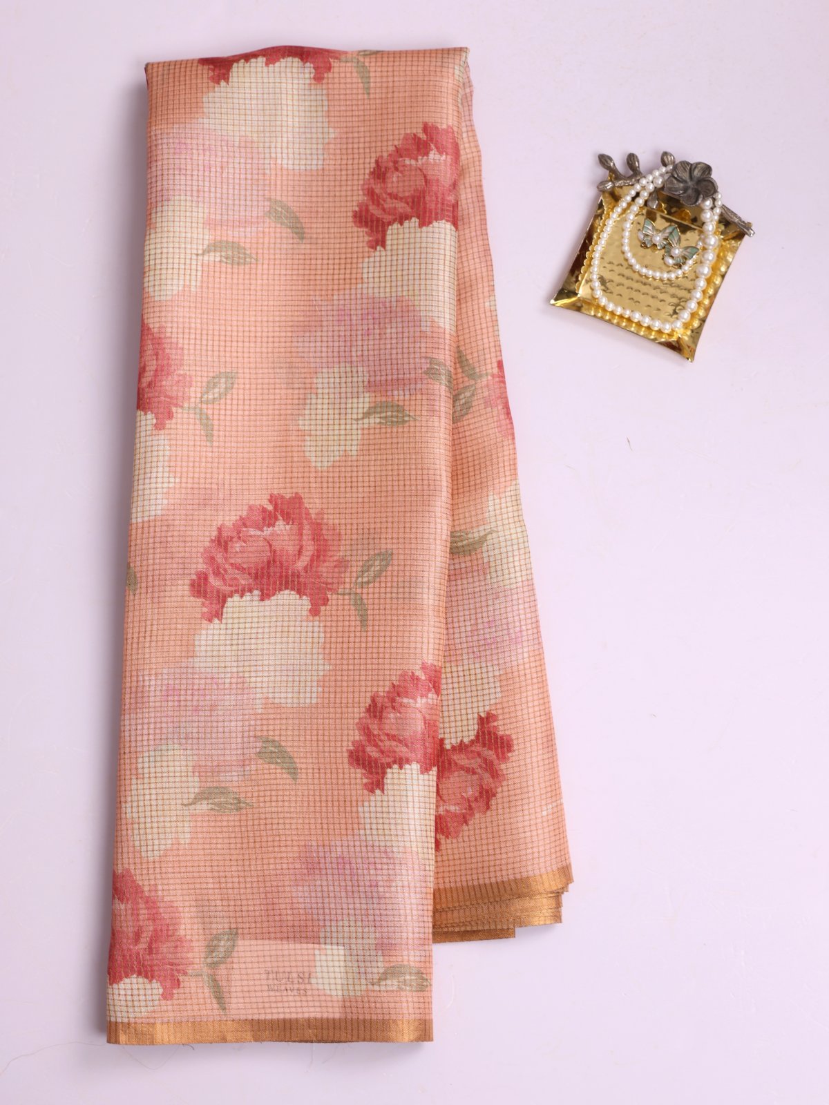 Peach Zari Checked Printed Tussar Silk Saree