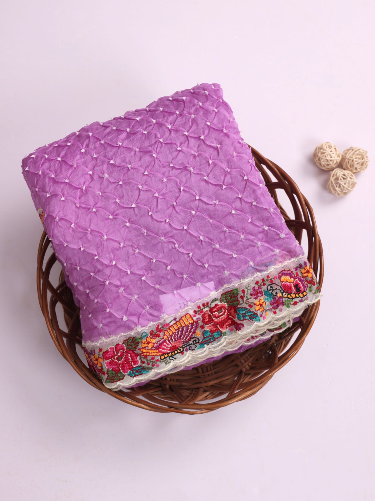 Lavender Bandhini Organza Silk Saree with Cross-Stitch Embroidery