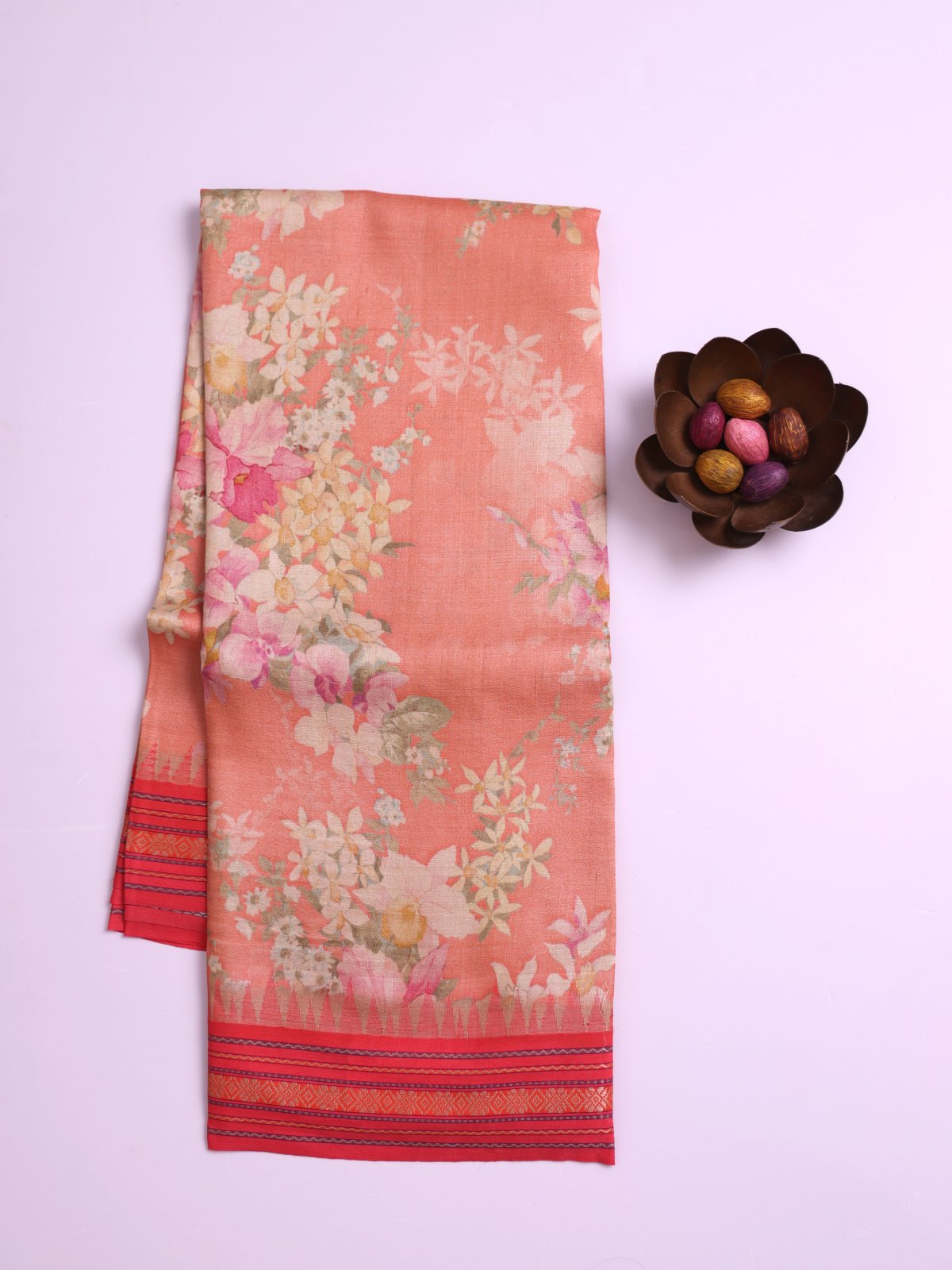 Light Coral Printed Tussar Silk Saree with Pastel Red Vidarbha Border