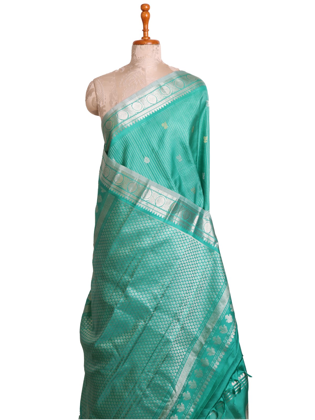 Turquoise Green Gadwal Silk Saree With Self Zari Border