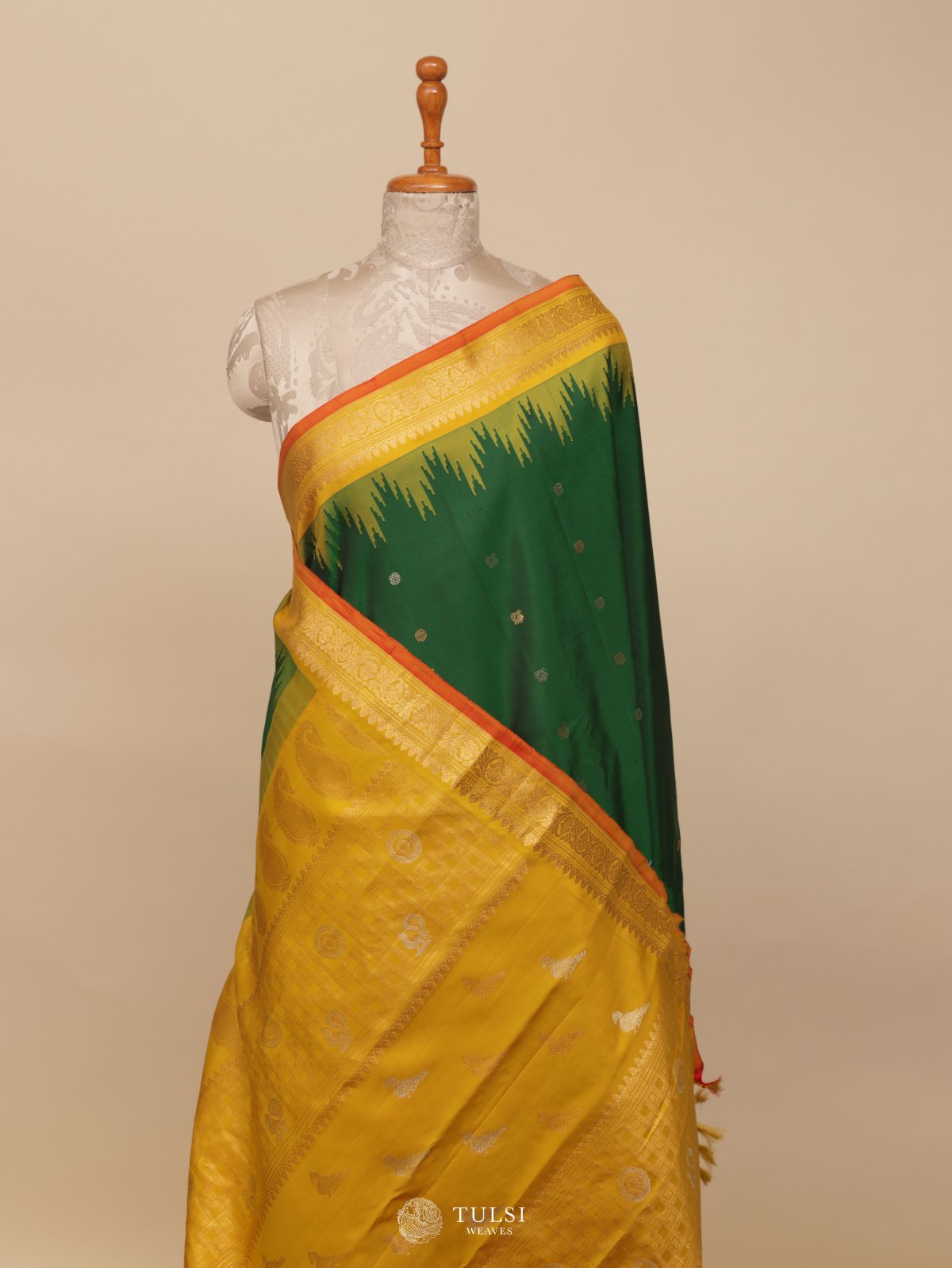 Dark Green Gadwal Silk Saree With Yellow Border