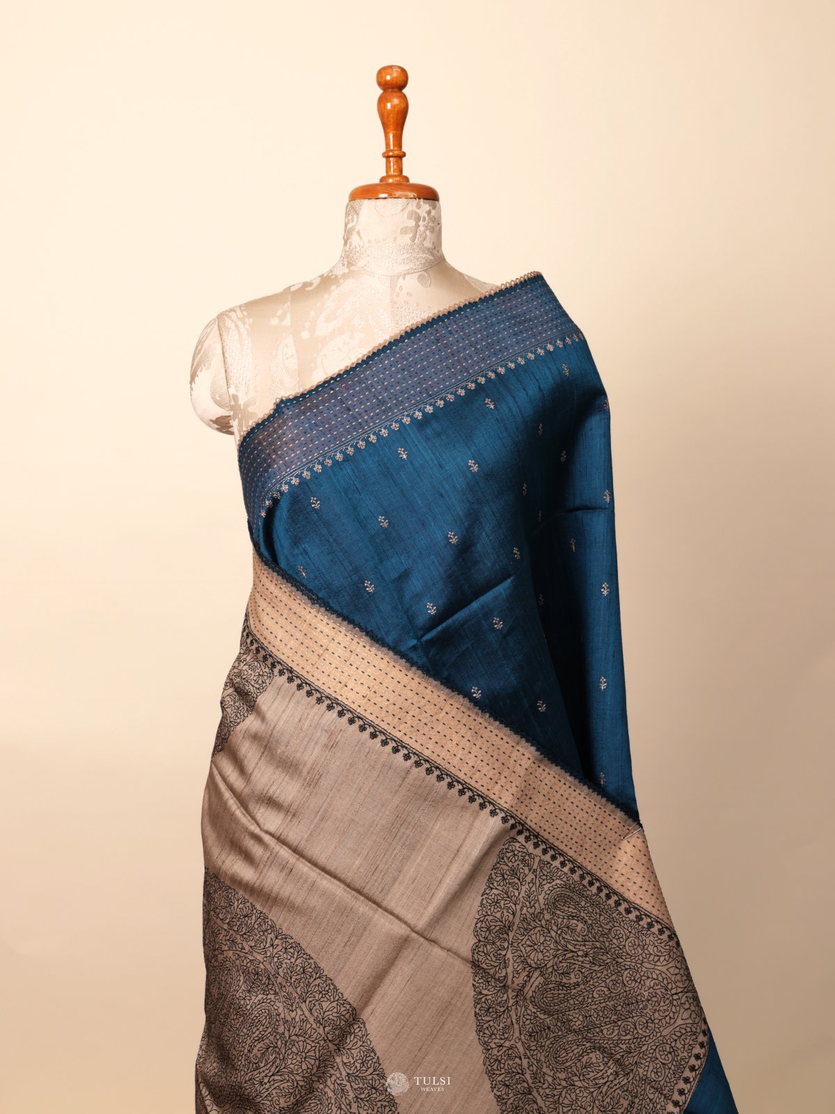 Blue Raw Silk Saree With Kantha Embroidery Border
