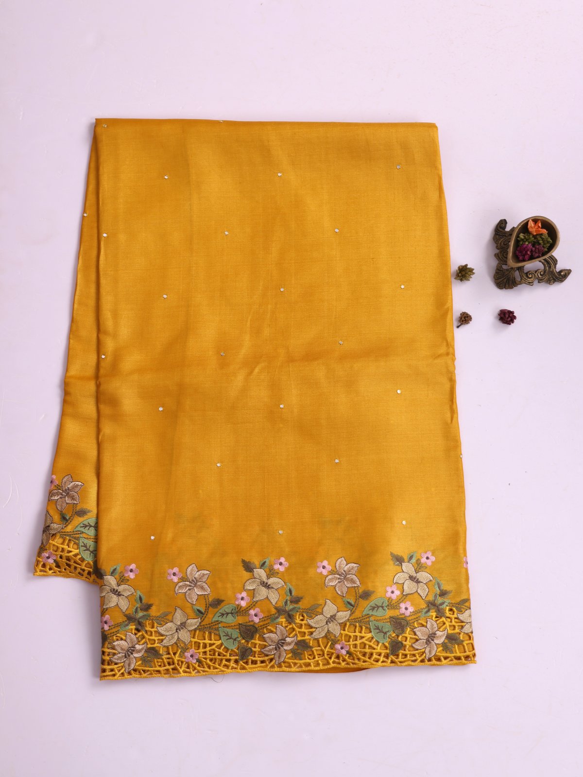 Mustard Yellow Tussar Silk Saree With Embroidered Cutwork Border