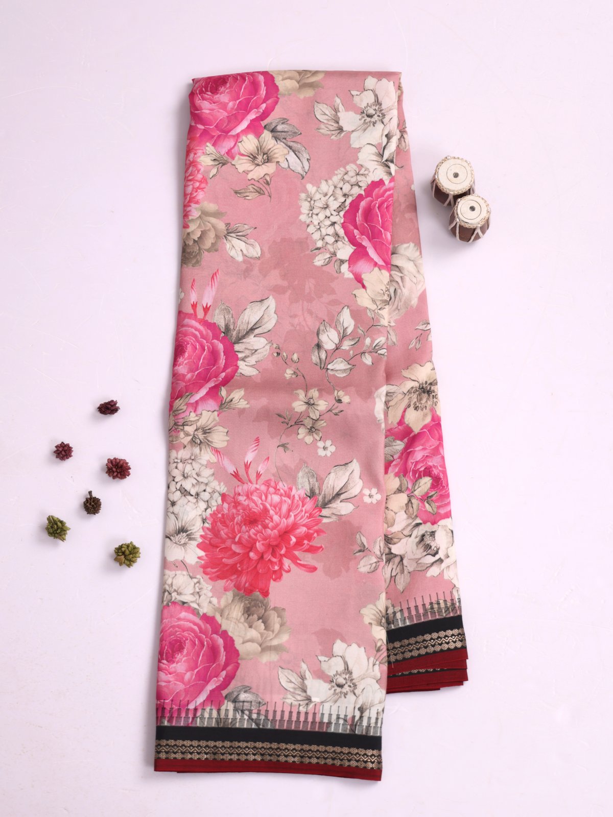 Pastel Pink Printed Kanjeevaram Silk Saree With Black Border