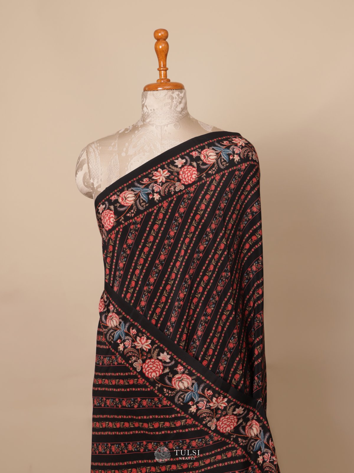Black Floral Printed Crepe Silk Saree