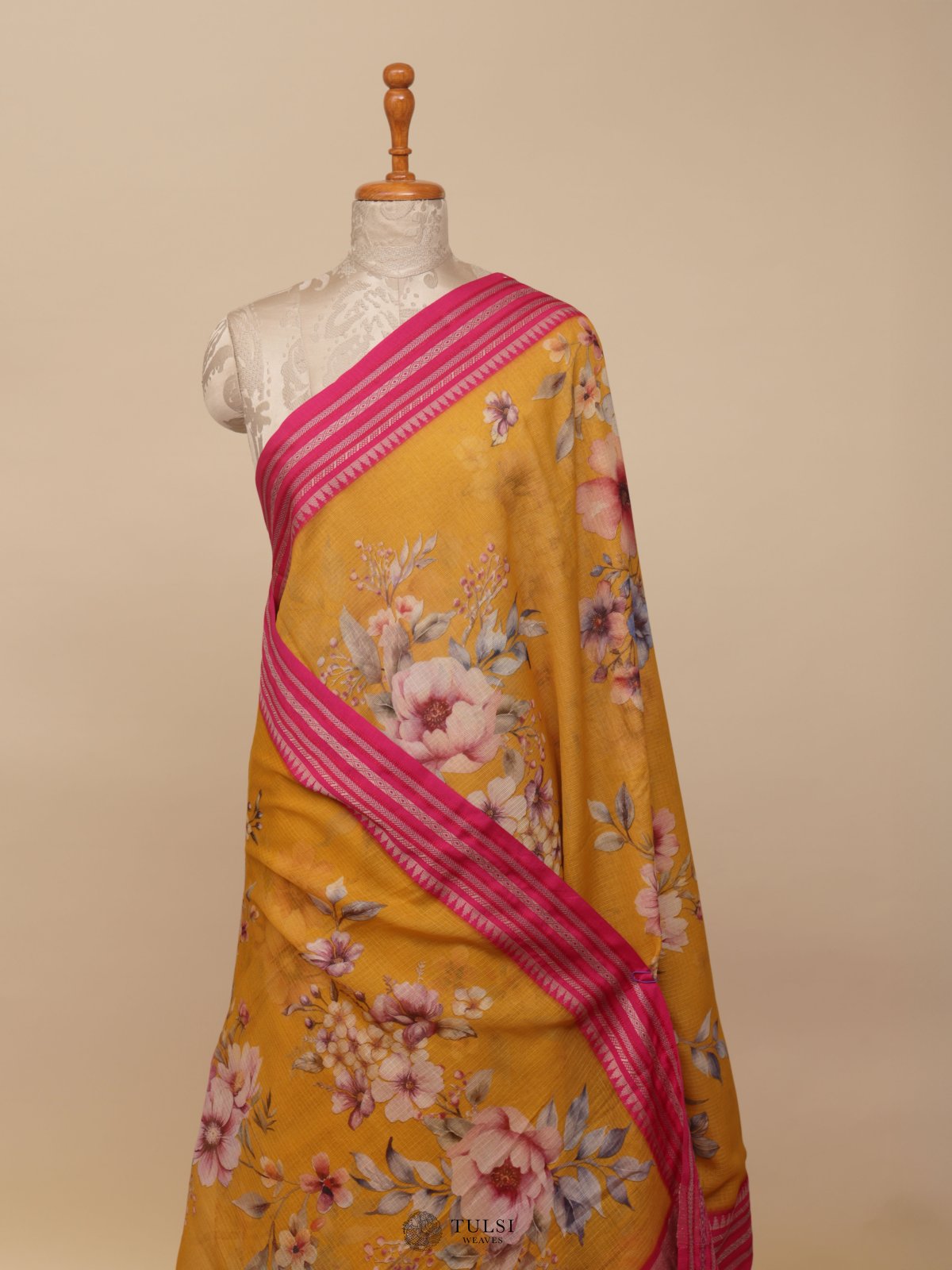 Yellow Semi Kota Saree With Pink Border