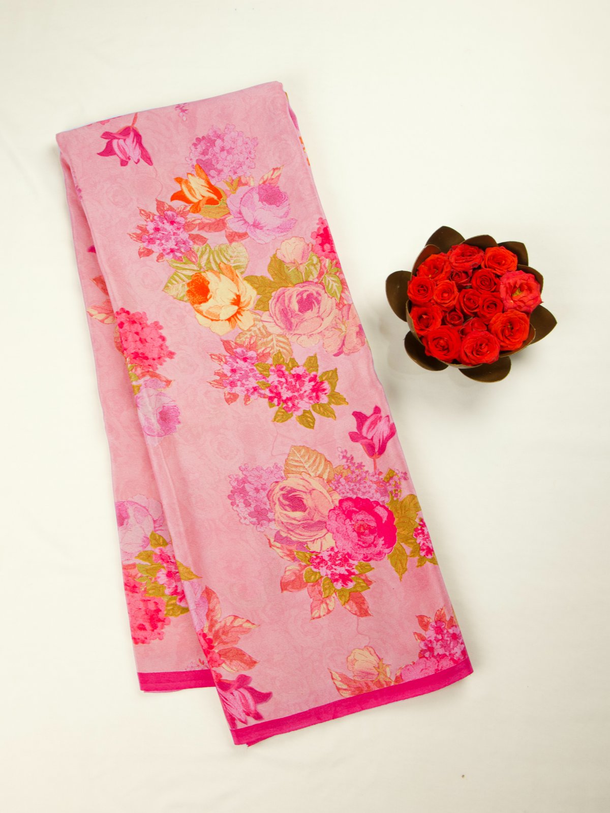 Light Pink Floral Printed Crepe Silk Saree 