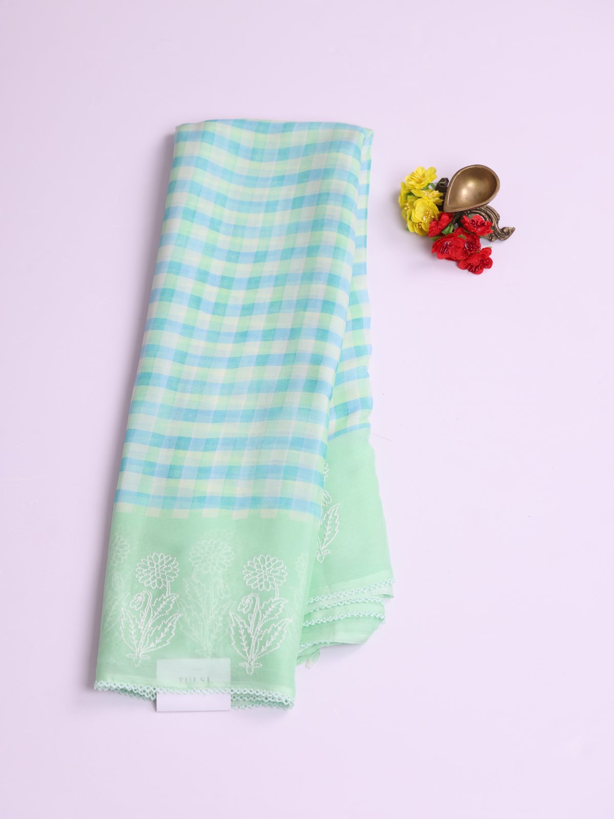 Light Green And Light Blue Checked Chiffon Saree With Embroidered Border