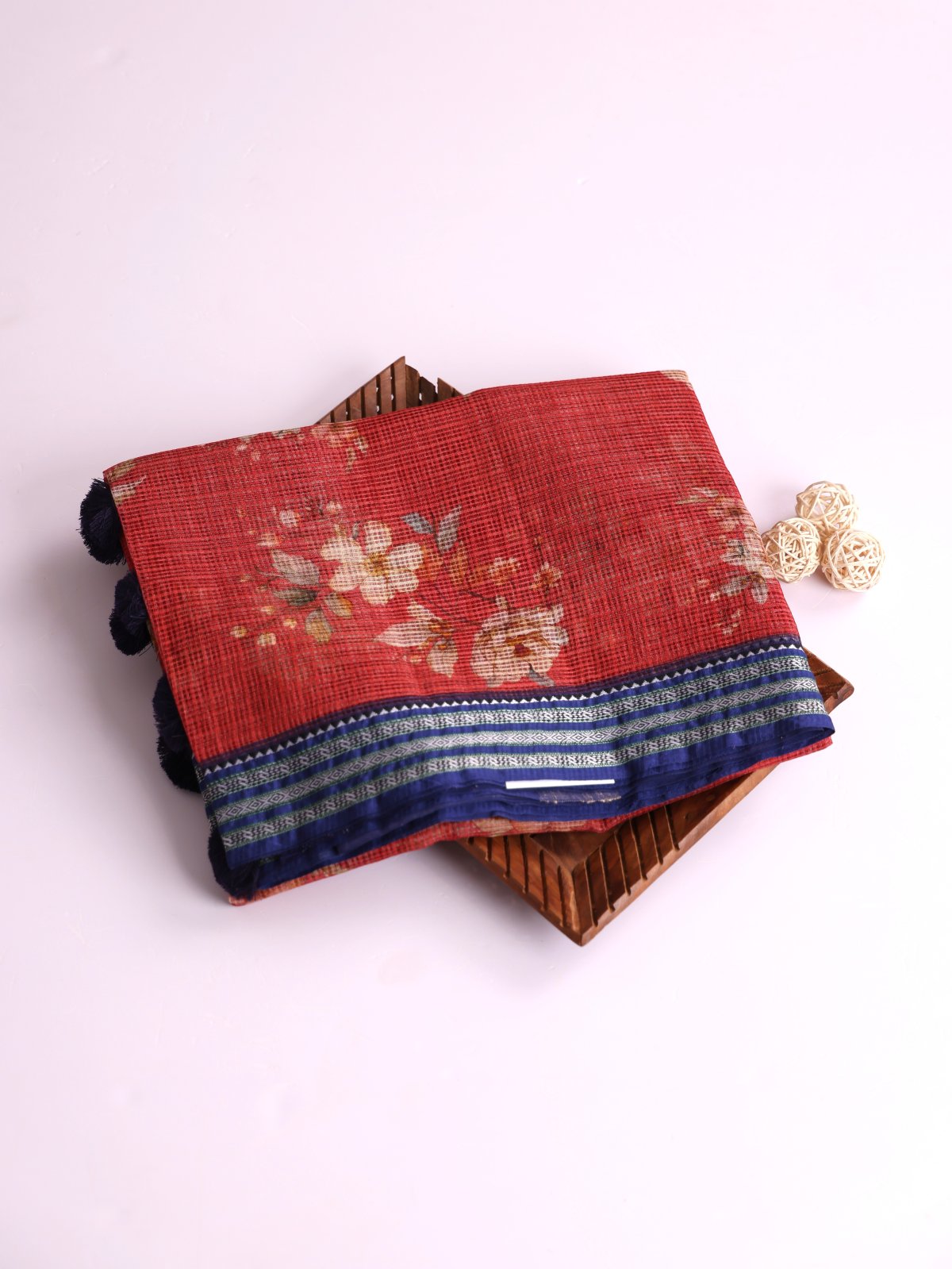 Red Printed Kota Cotton Saree With Navy Blue Vidarbha Border