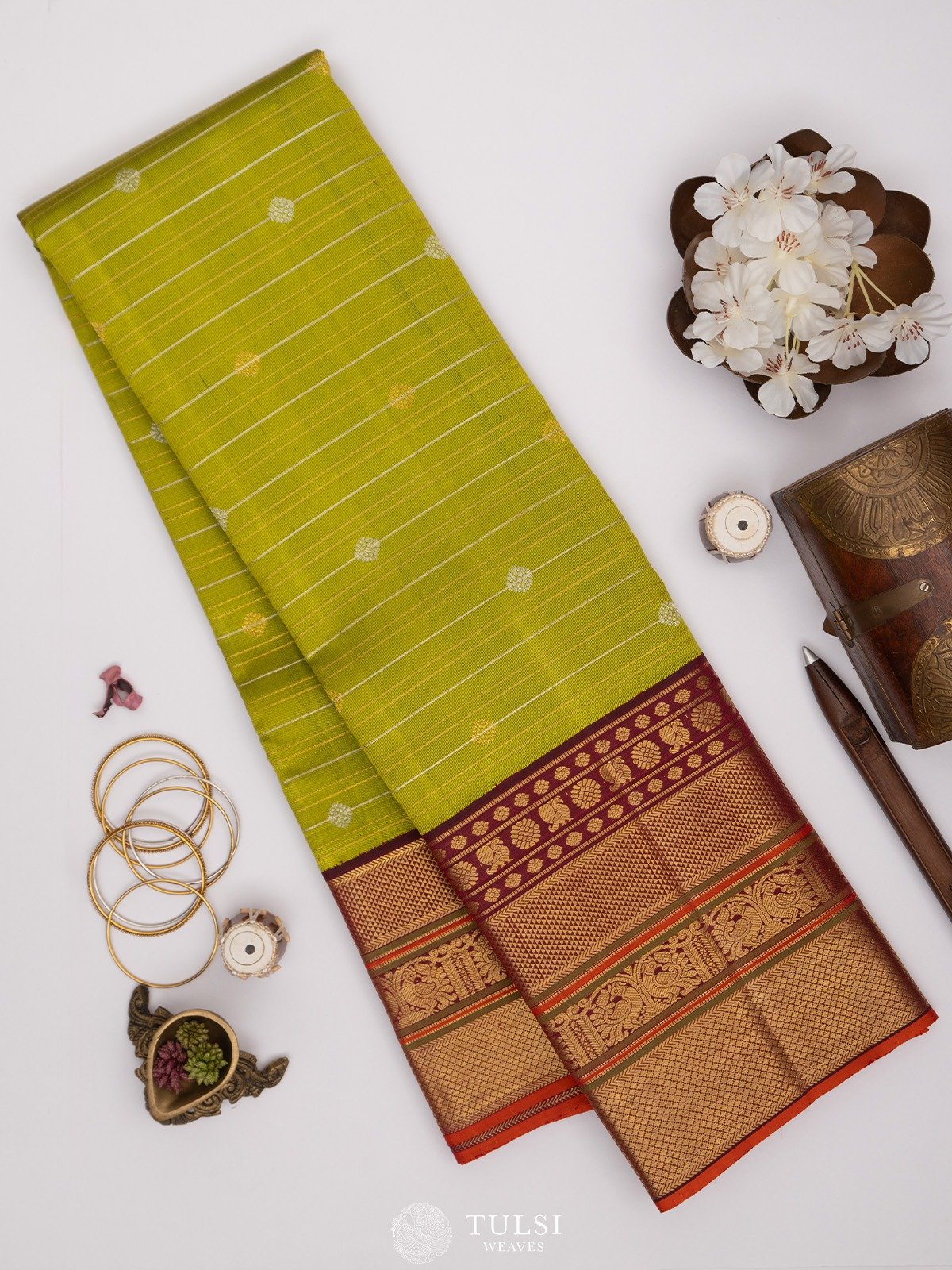 Light Green Kanjeevaram Silk Saree With Maroon Border