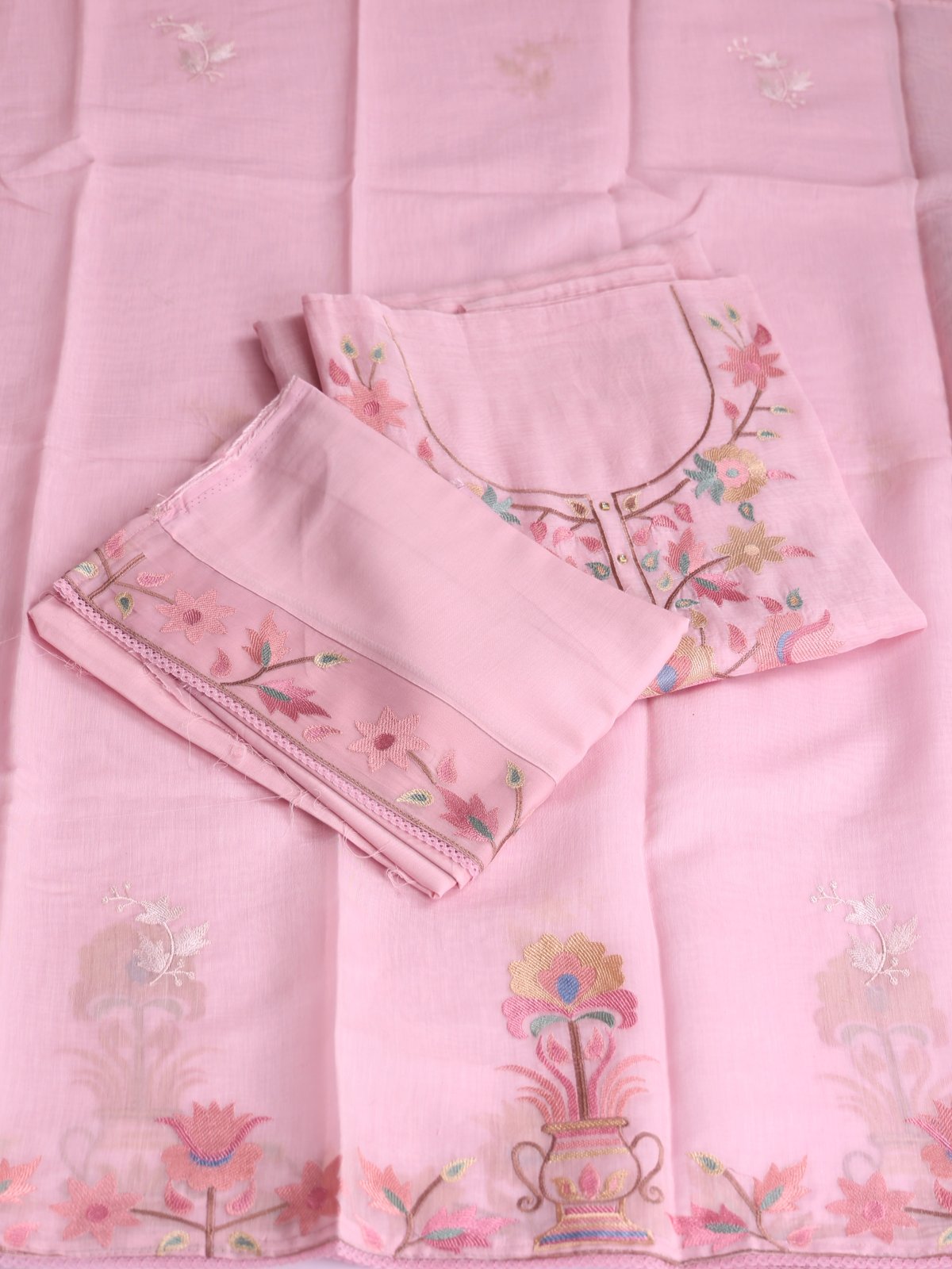 Light Pink Embroidered Mul Chanderi Cotton Salwar Material