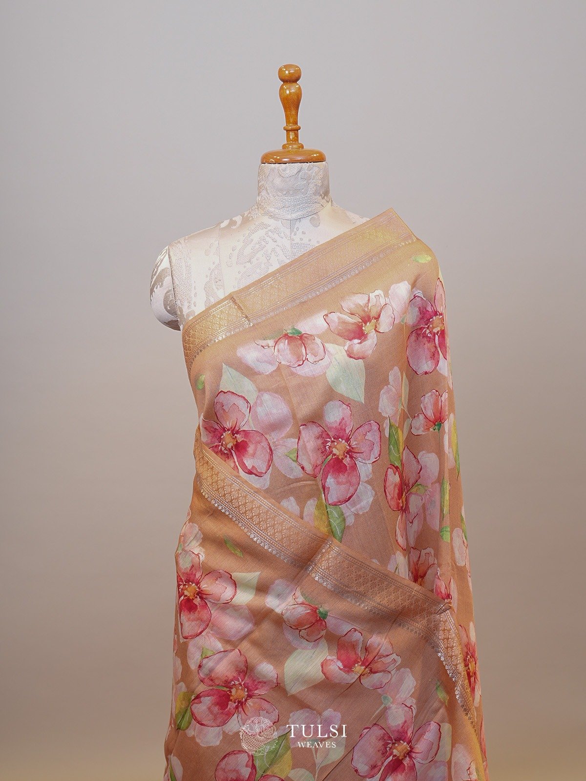 Peach Munga Printed Silk Saree