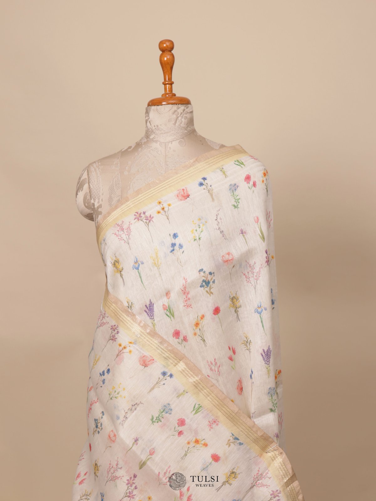 Off-White Printed Linen Saree