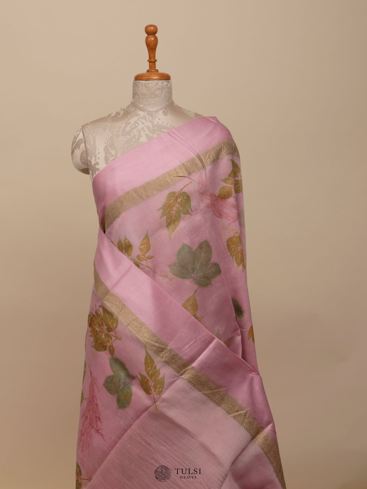 Pink Eco Print Silk Saree With Satin Border