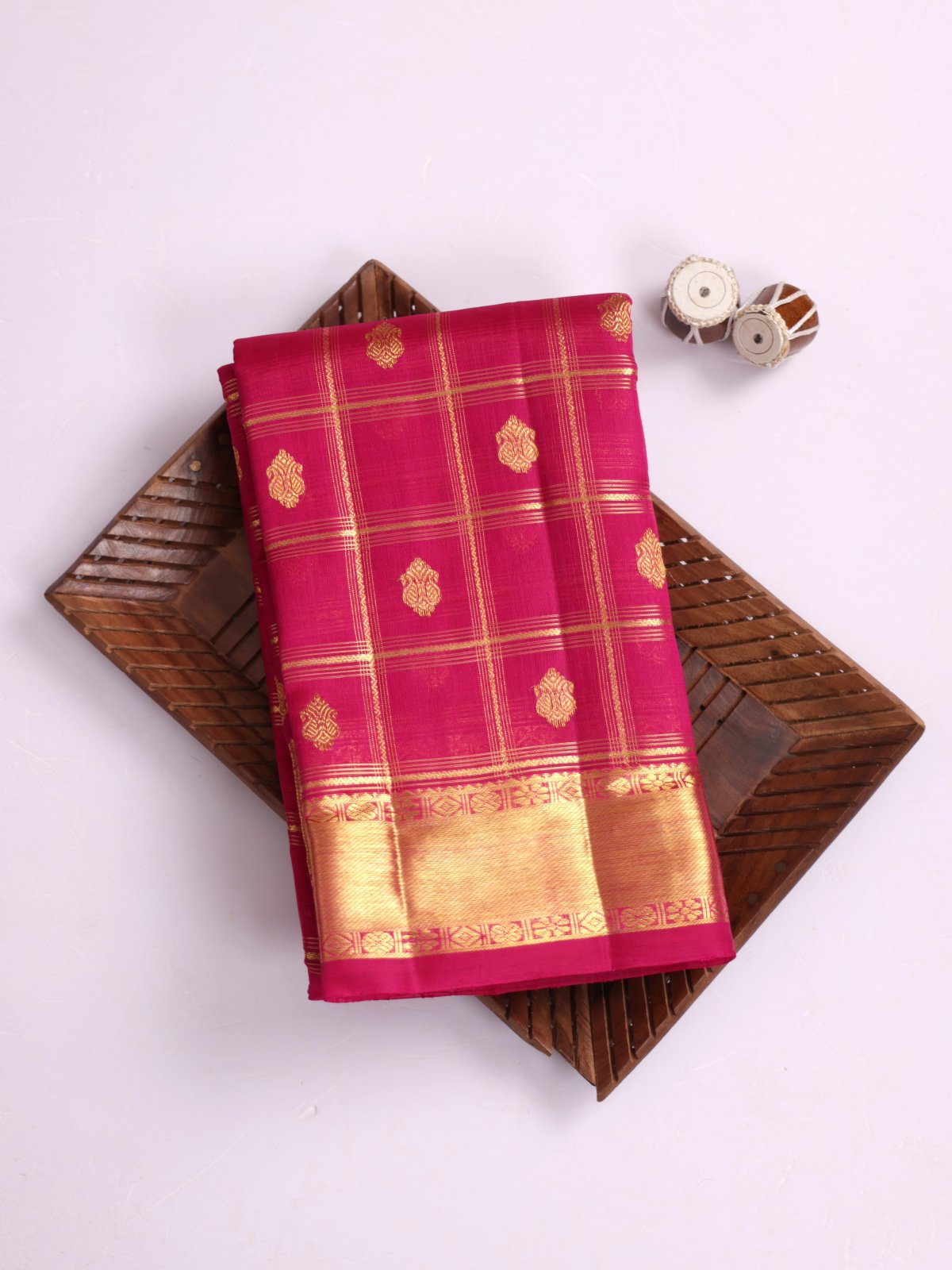 Rani Pink Zari Checked Kanjeevaram Organza Silk Saree With Zari Border