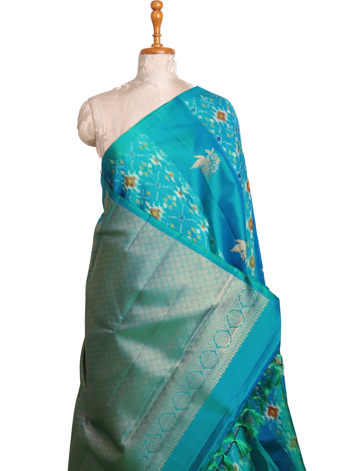 Bluish Green Kanjeevaram Ikat Silk Saree With Zari Butta