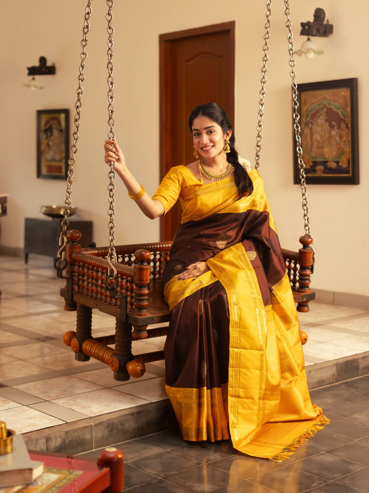 Brown Checked Kanjeevaram Silk Saree with Korvai Border 