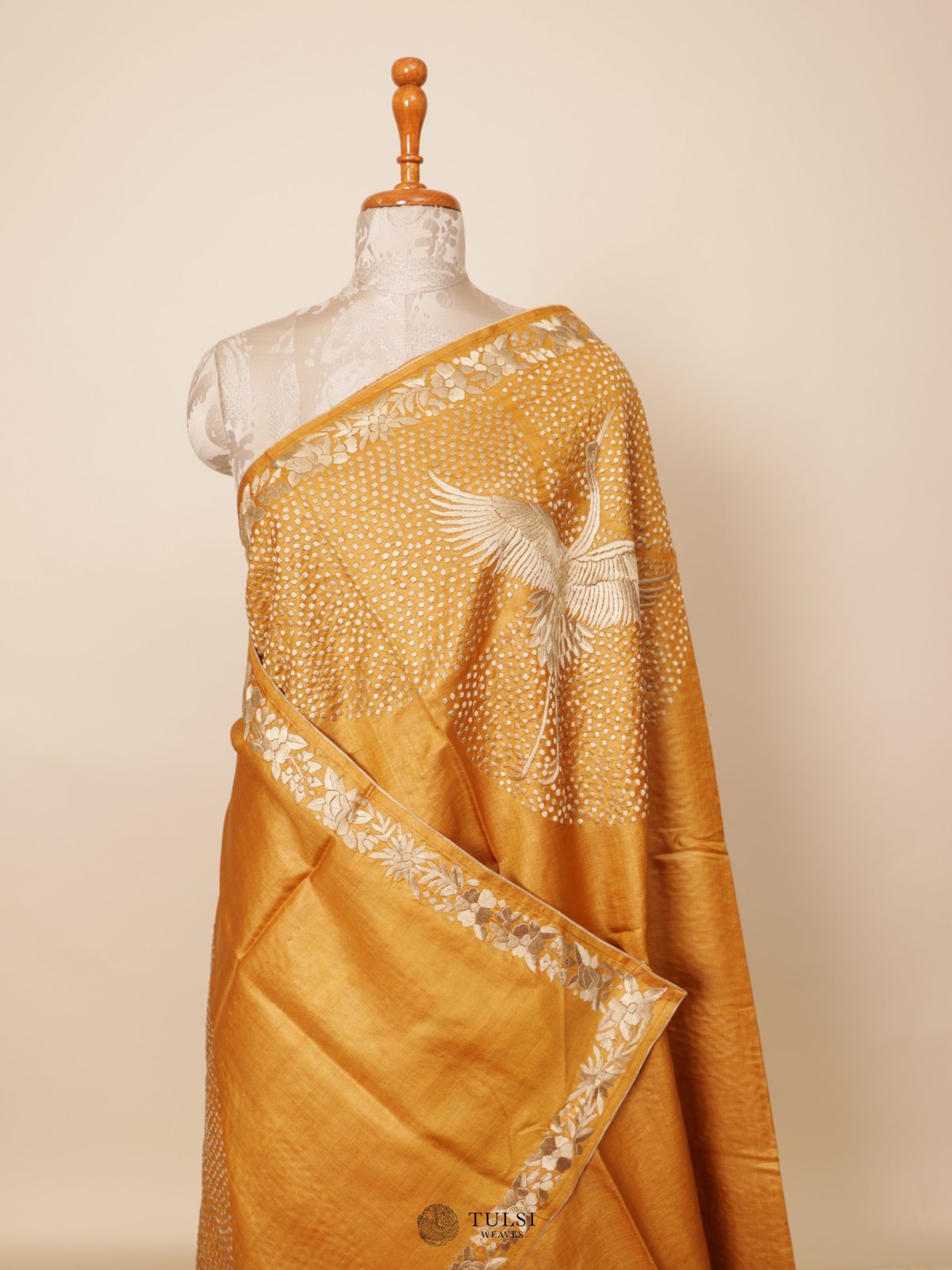 Mustard Yellow Tussar Silk Saree with Floral Embroidery Border