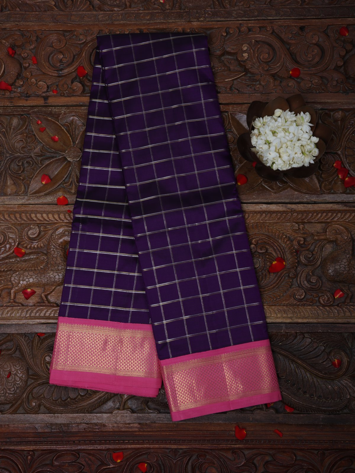 Violet Kanjeevaram Silk Saree With Light Pink Zari Border