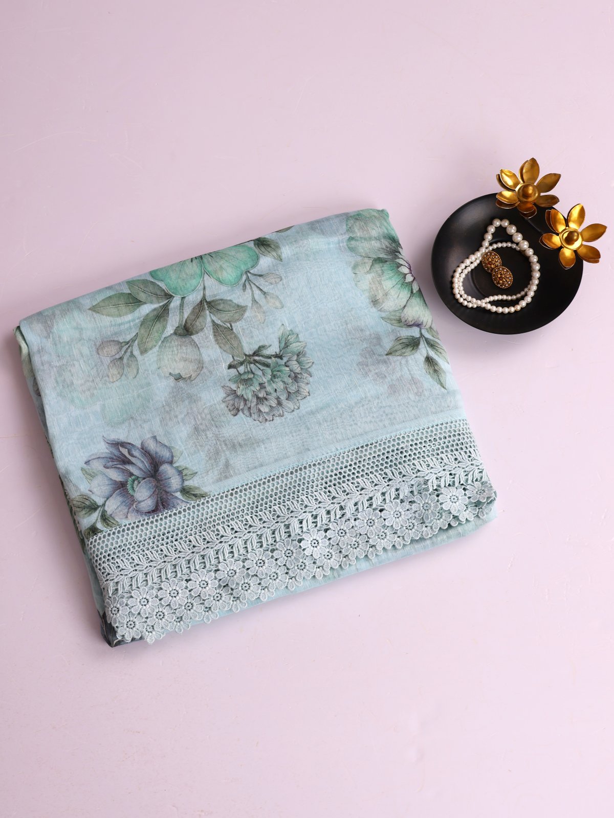 Light Greenish Blue Printed Linen Saree With Lace Border
