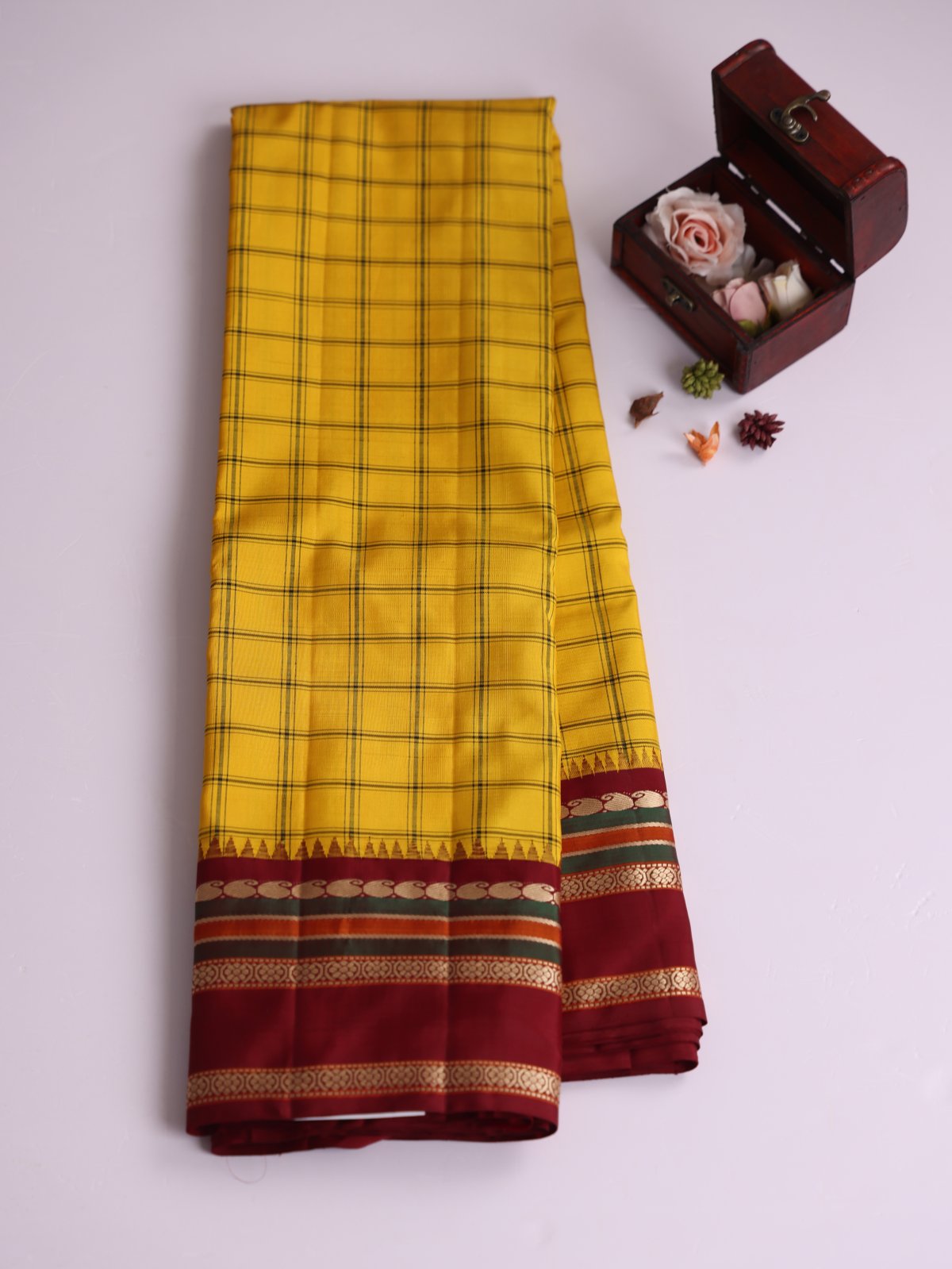 Yellow Checked Kanjeevaram Pattu Pettu Silk Saree with Maroon Border