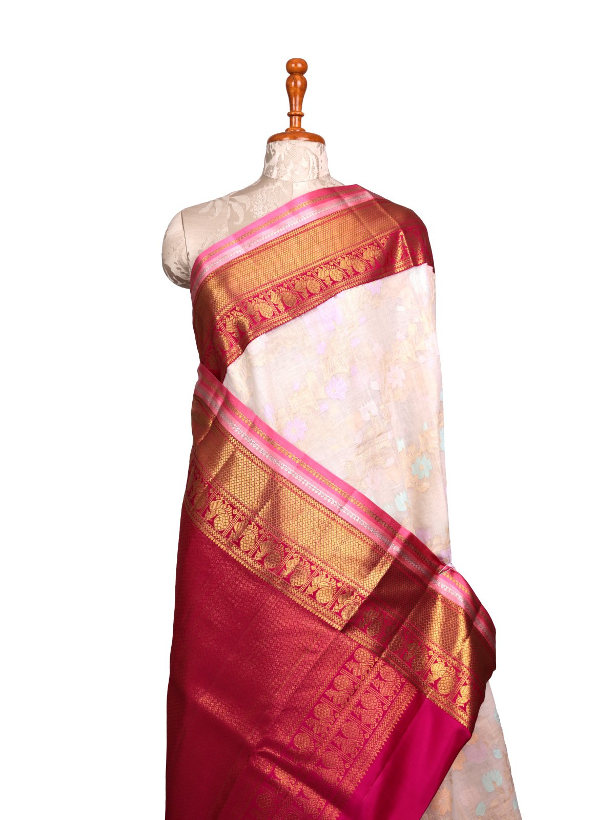 Off- White Khadi Cotton Saree With Rani Pink Kanjeevaram Silk Border