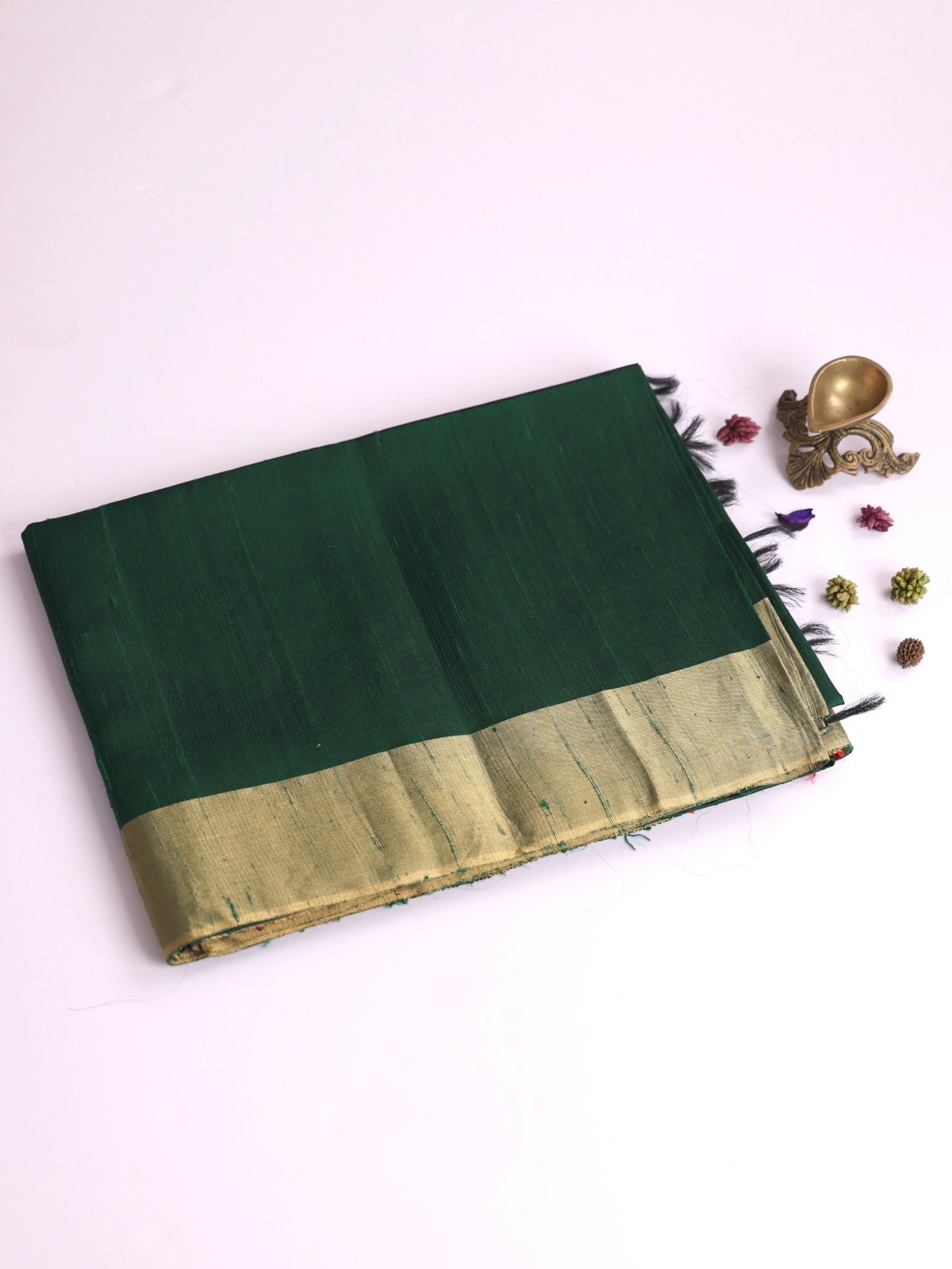 Bottle Green Raw Silk Saree With Zari Border
