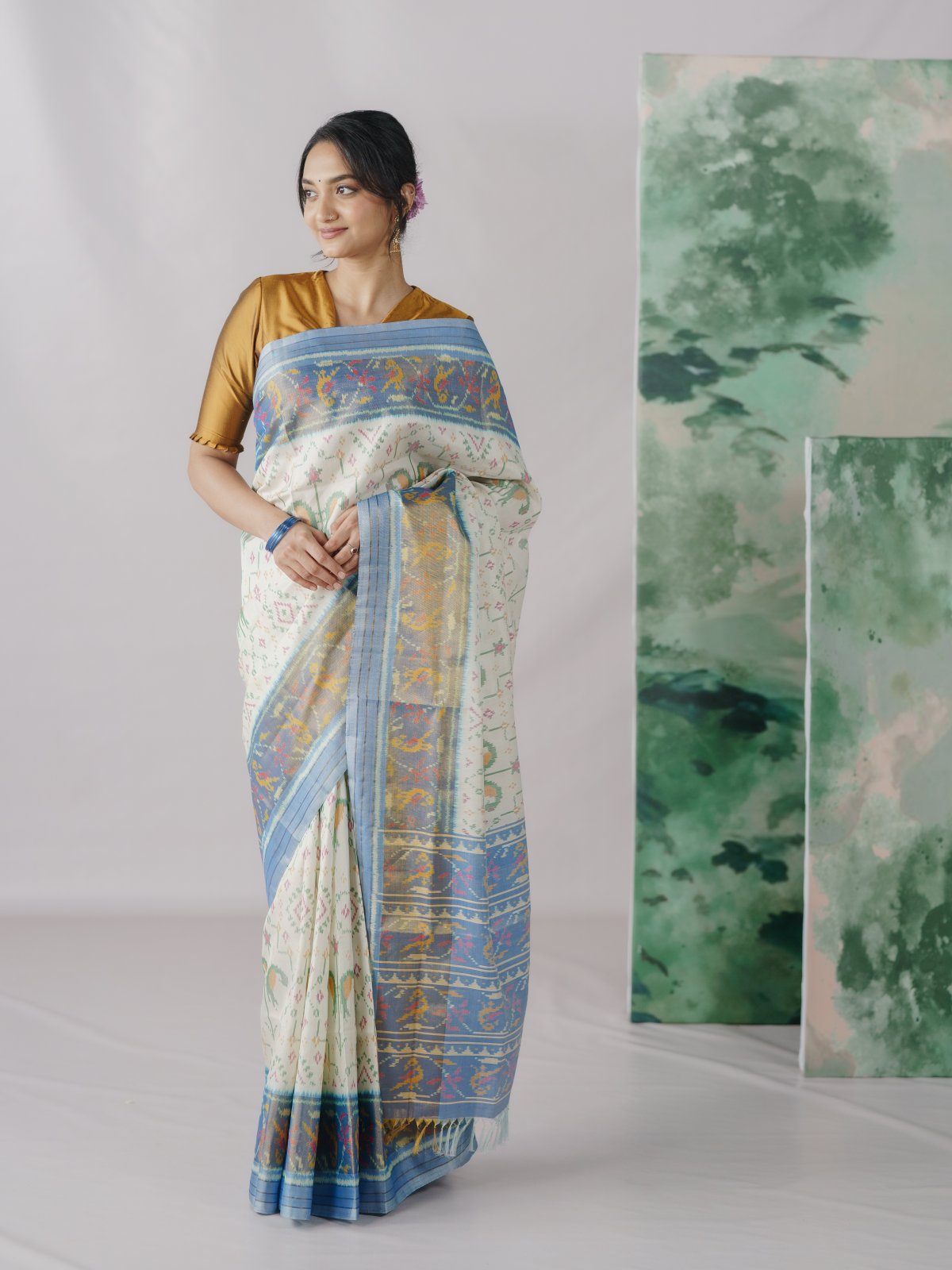 Off - White Patola Silk Saree With Light Blue Zari Border