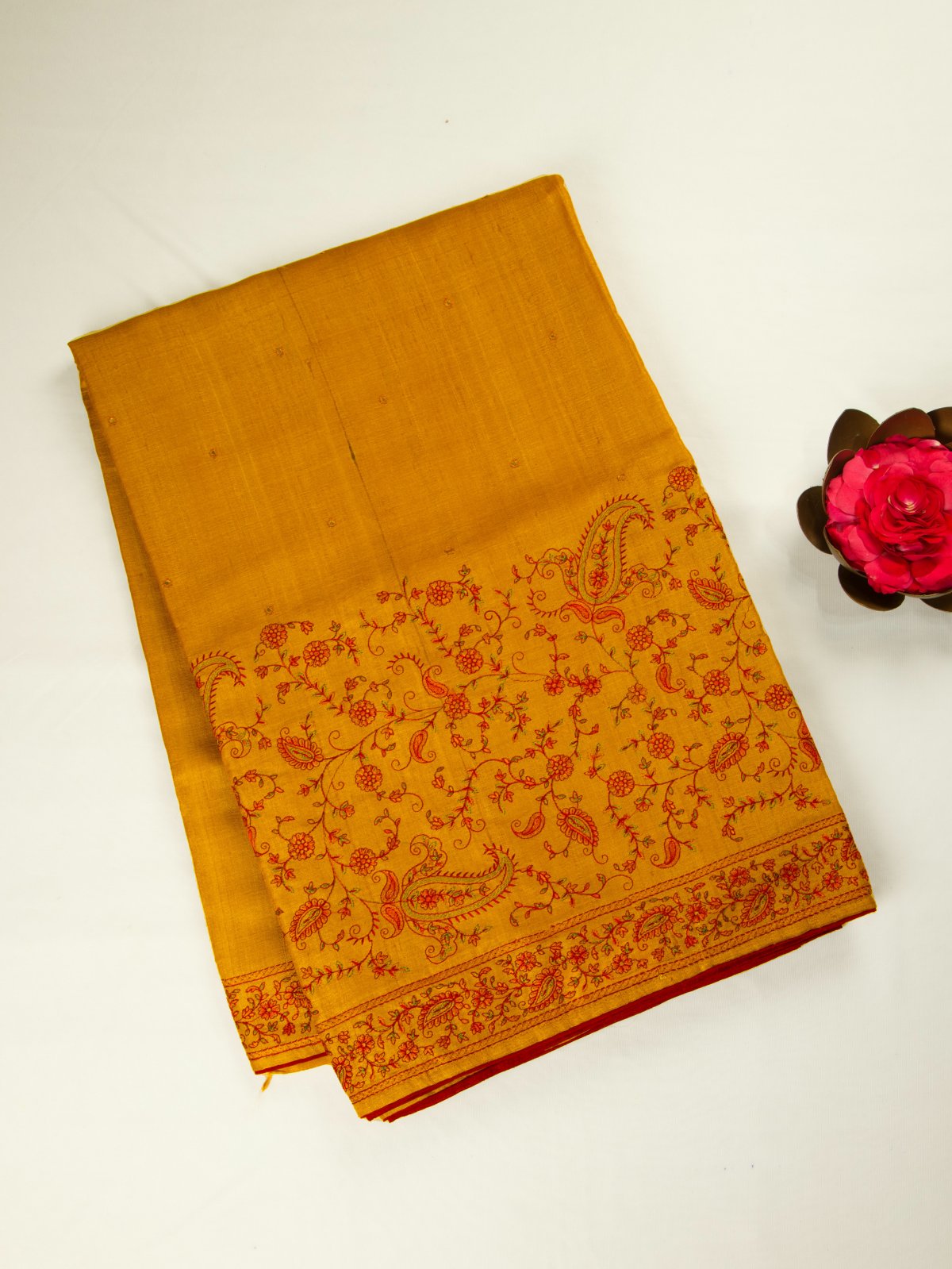 Yellow Tussar Silk Saree with Floral Embroidery Border