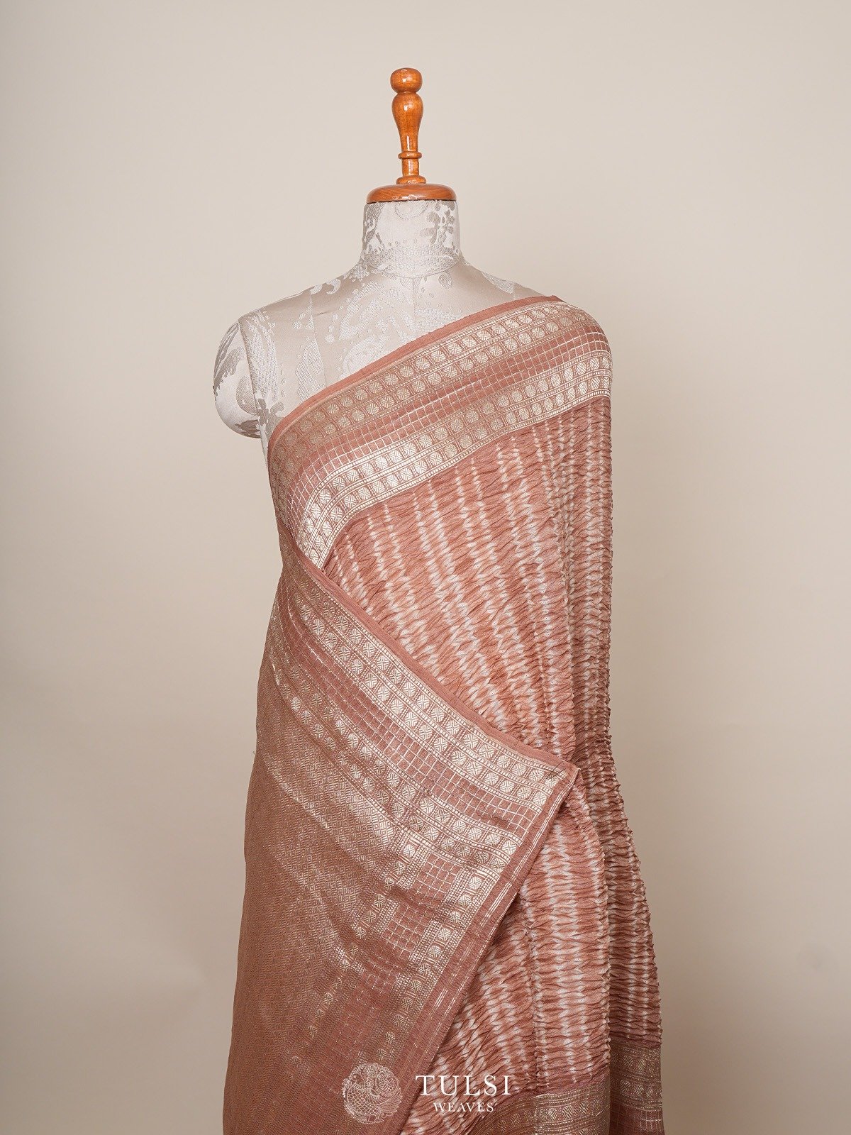 Peach Tussar Bandhini Silk Saree