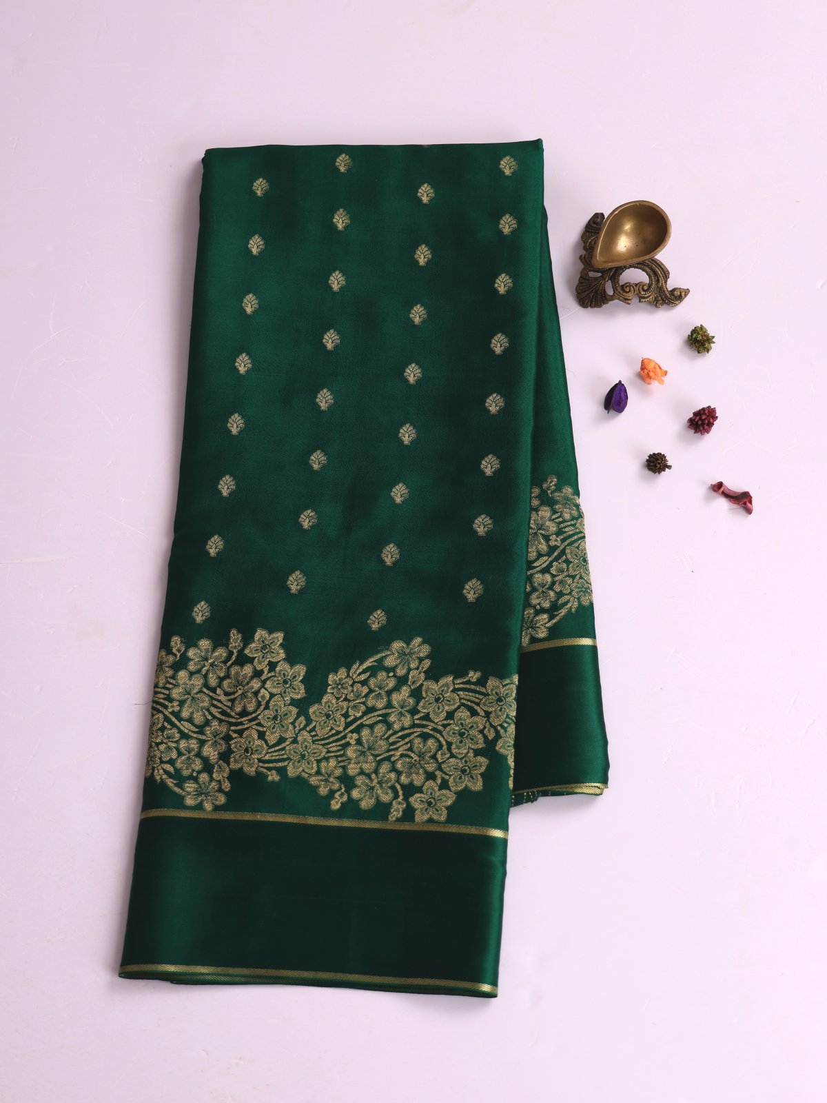 Emerald Green Mysore Silk Saree With Satin Border