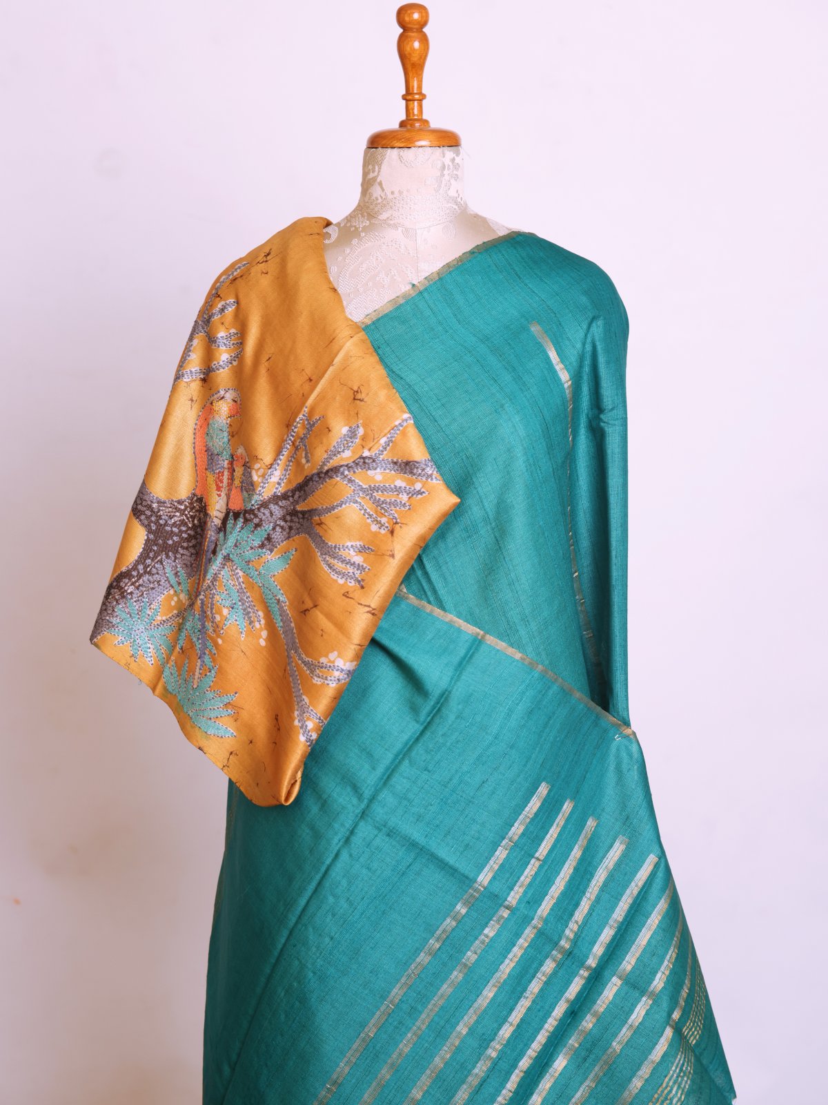 Teal Green Tussar Silk Saree with Honey Mustard Embroidered Blouse