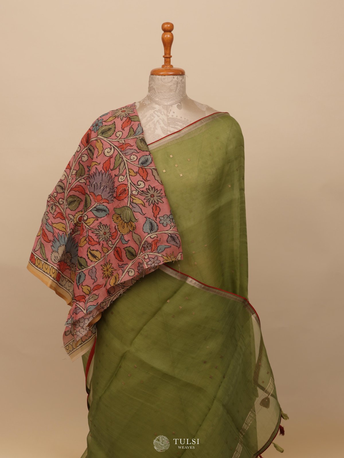 Olive Green Organza Saree With Kalamkari Blouse