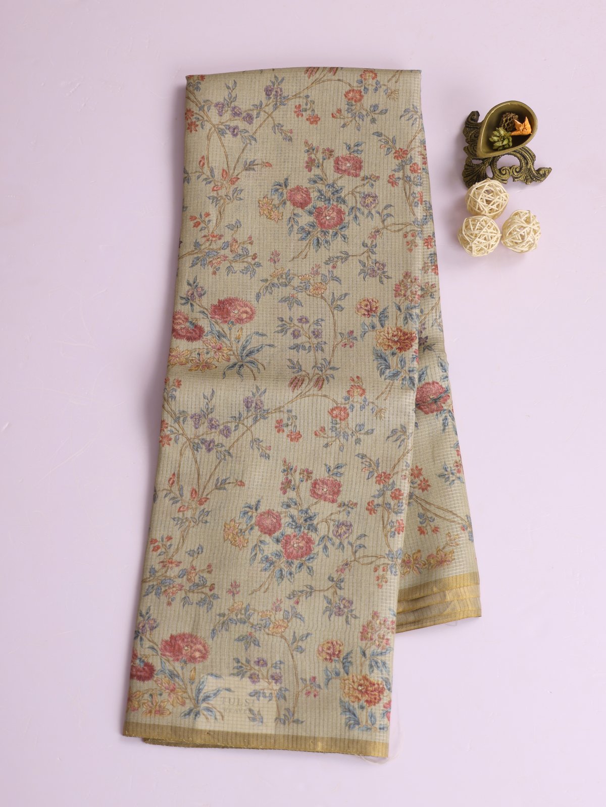 Greenish Grey Printed Tussar Silk Saree