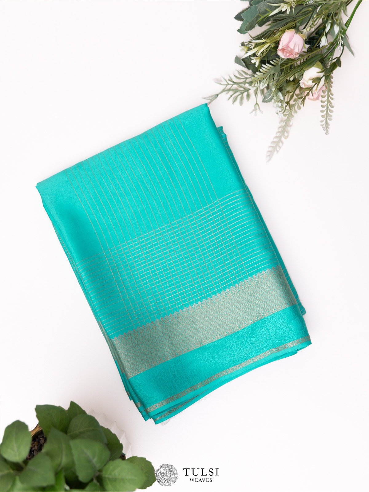 Cyan Mysore Silk Saree with Self Zari Border