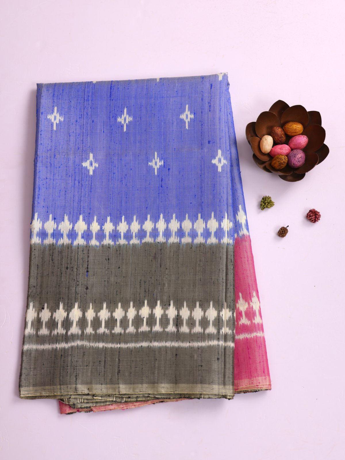 Blue Raw Silk Patola Saree With Grey & Pink Ganga Jamuna Border