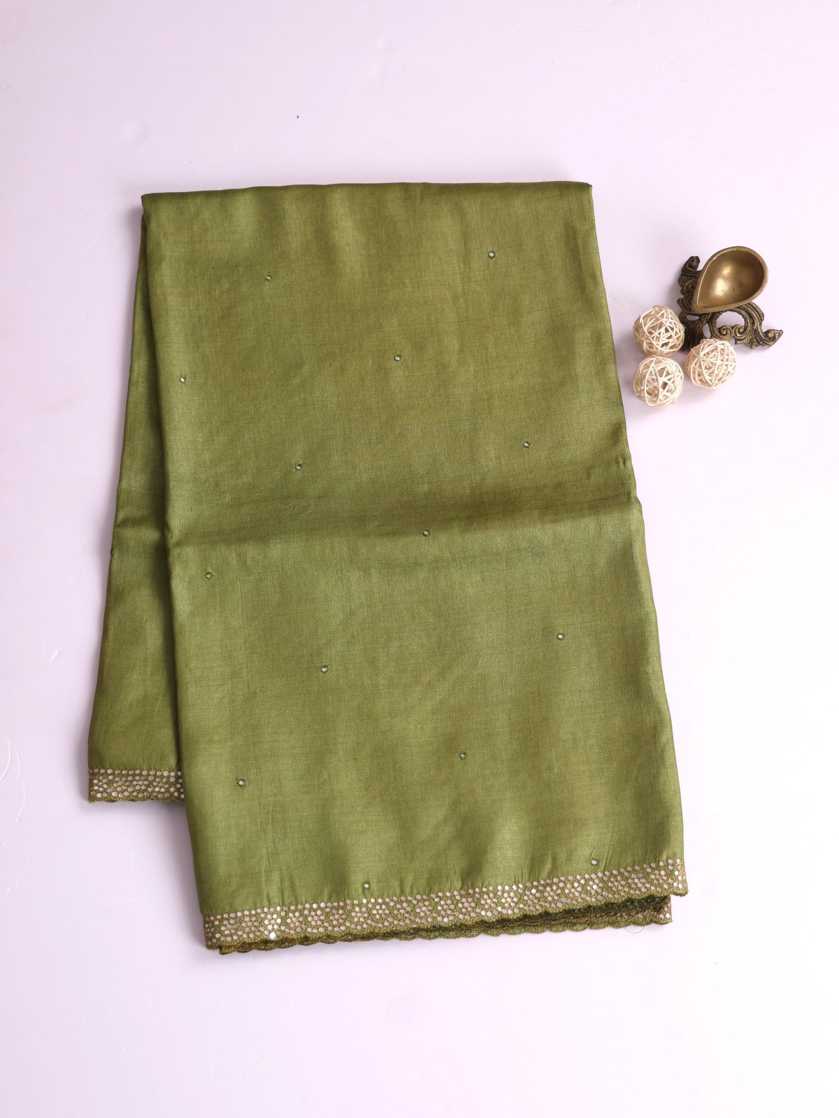 Sage Green Tussar Silk Saree With Embroidery