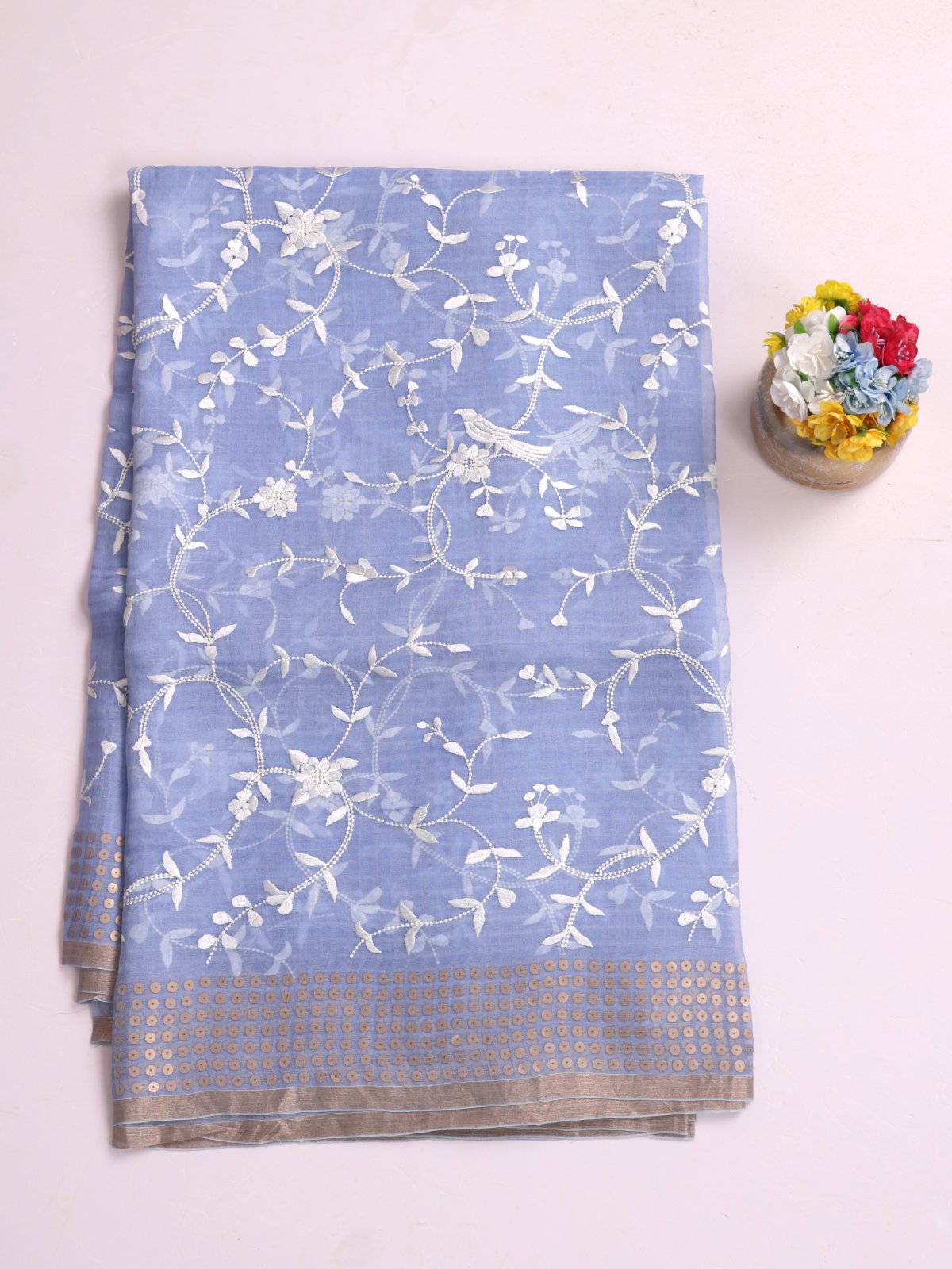 Powder Blue Embroidered Organza Silk Saree With Sequins Border 